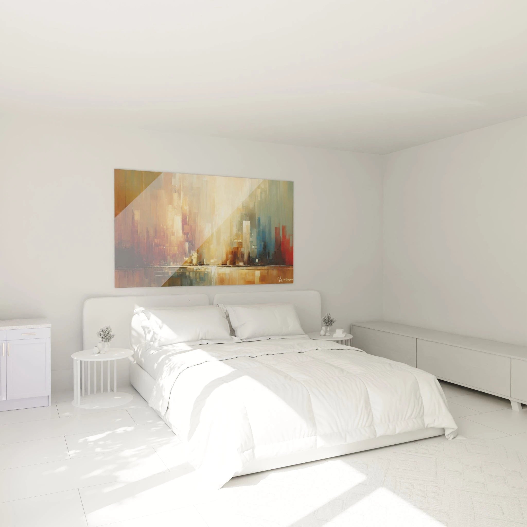 Un tableau abstrait de panorama citadin avec reflets. La palette associe ambre doré, brun rouille, bleu acier et blanc lumineux. Les textures combinent aplats verticaux et traits horizontaux formant une composition architecturale abstraite, avec un centre lumineux évoquant la lumière solaire traversant les bâtiments qui se reflète dans l'eau de la partie inférieure.
