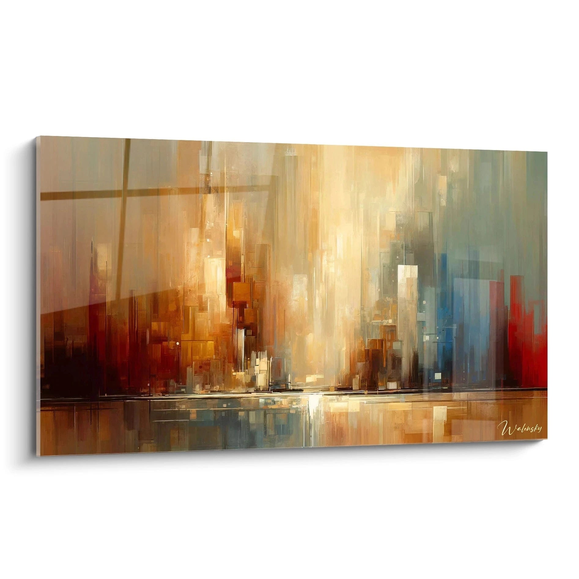 Un tableau abstrait de skyline urbain au lever du soleil. Dominé par des teintes or, ocre, bleu-gris et rouge brique. La texture présente des formes rectangulaires verticales suggérant des gratte-ciels, avec une lumière centrale éclatante qui se reflète dans l'eau calme du bas, créant un effet de ville émergeant de la brume matinale.
