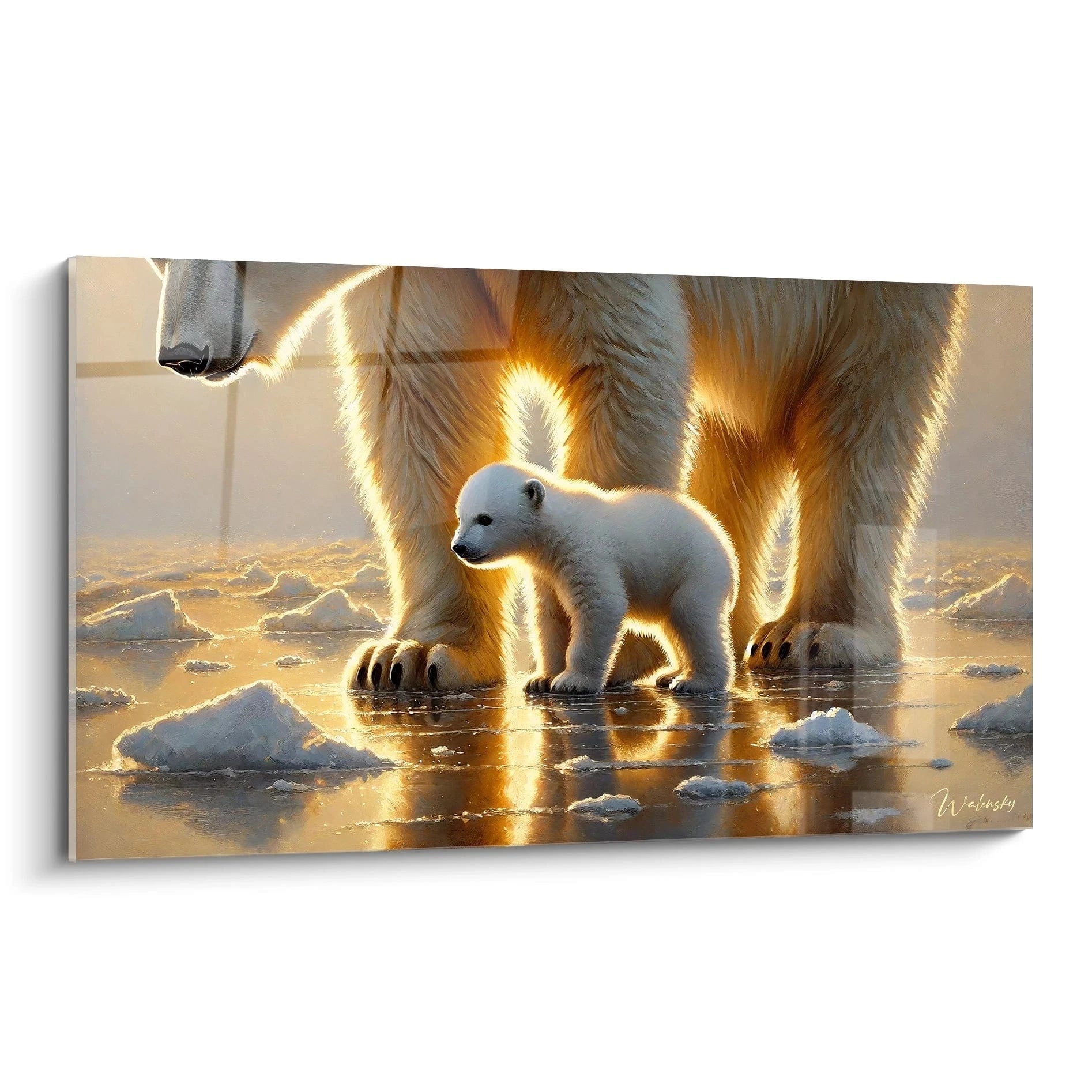 Apportez une touche de majesté à votre intérieur avec ce tableau ours polaire. Sa scène captivante d'une mère et son ourson, baignée de lumière dorée, illumine chaque espace avec douceur.

