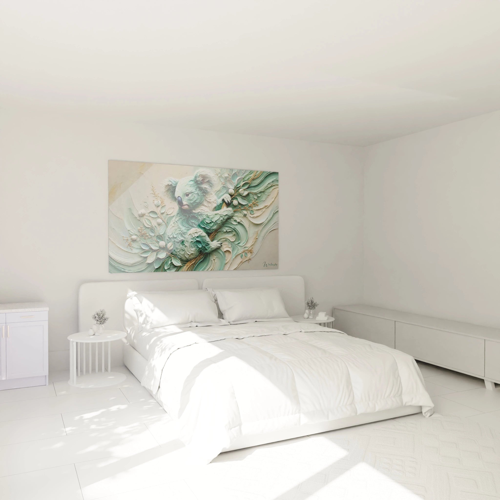 Sublimez votre chambre avec ce tableau koala au dessus de votre lit. Ses tons pastel et ses détails délicats apportent une atmosphère apaisante et onirique, idéale pour un espace de détente.

