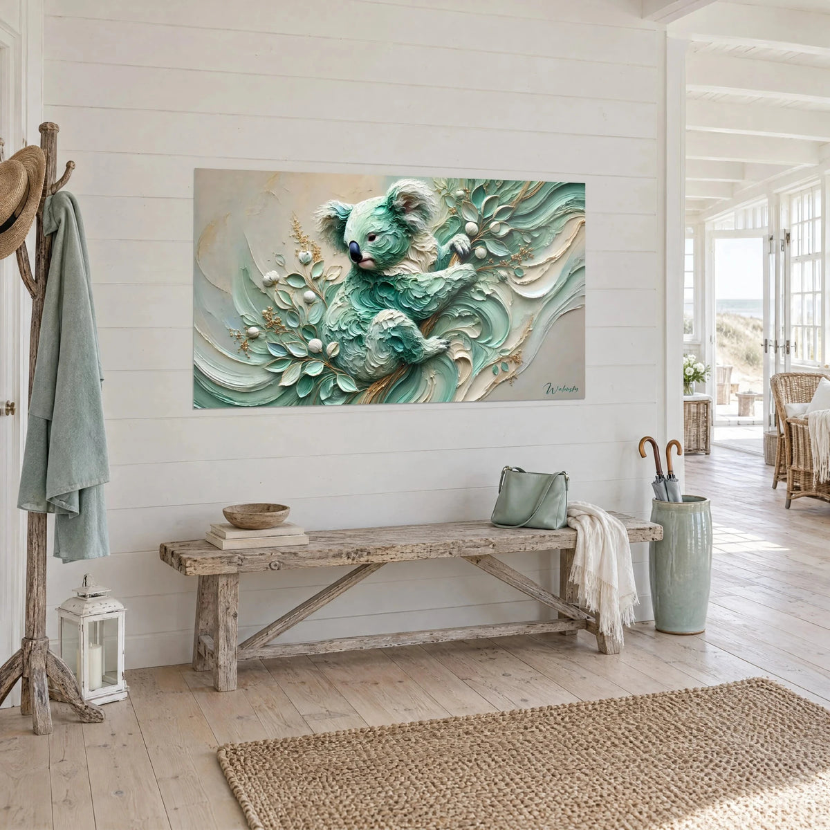 Wall art of a marsupial in thick emerald and ivory paint, golden eucalyptus leaves, three-quarter view in a bright entryway