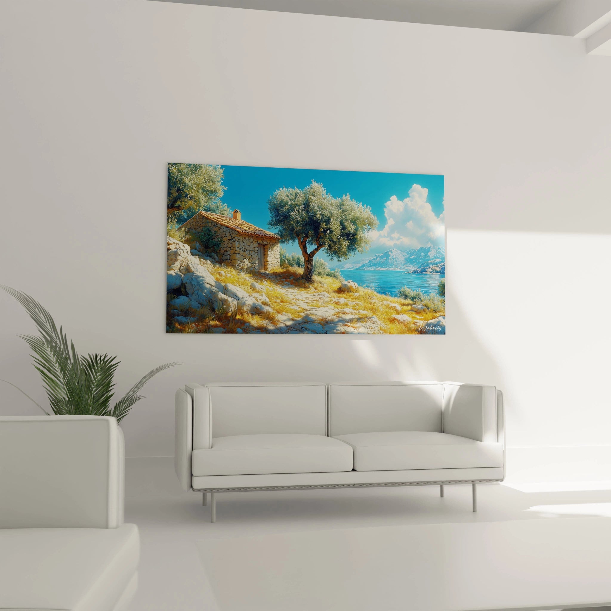 Un tableau paysage méditerranéen capturant une scène ensoleillée avec cabane en pierre, sentier rocailleux, olivier au feuillage argenté, mer d'un bleu profond et montagnes lointaines, baigné dans une lumière dorée caractéristique du sud.
