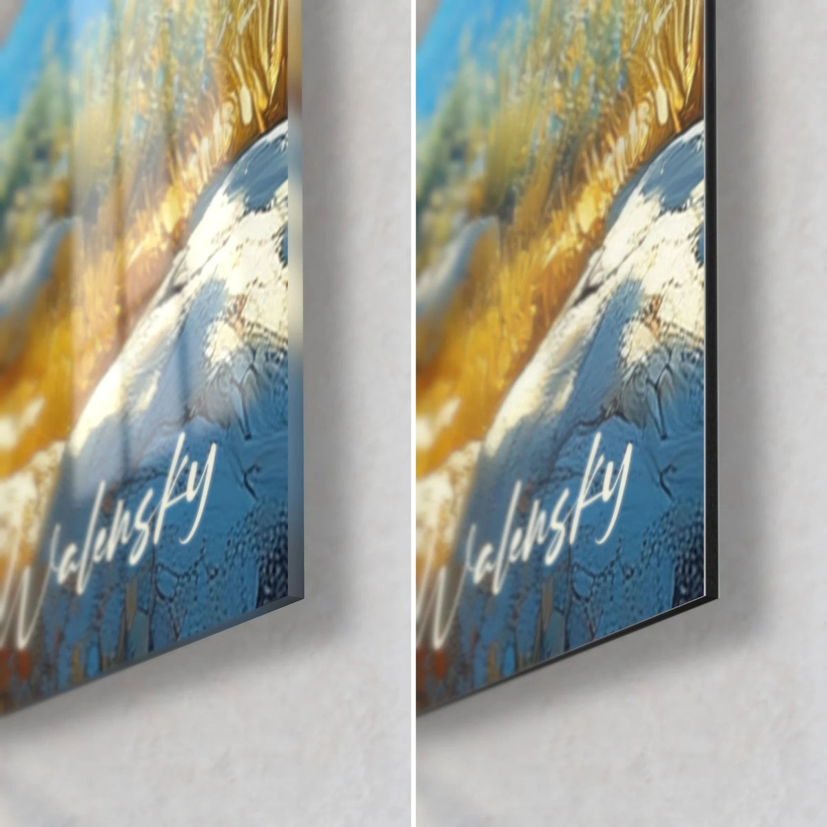 Wall art of a Mediterranean cabin, bottom right corner: golden grasses and white rock, glossy glass on the left, matte Dibond on the right