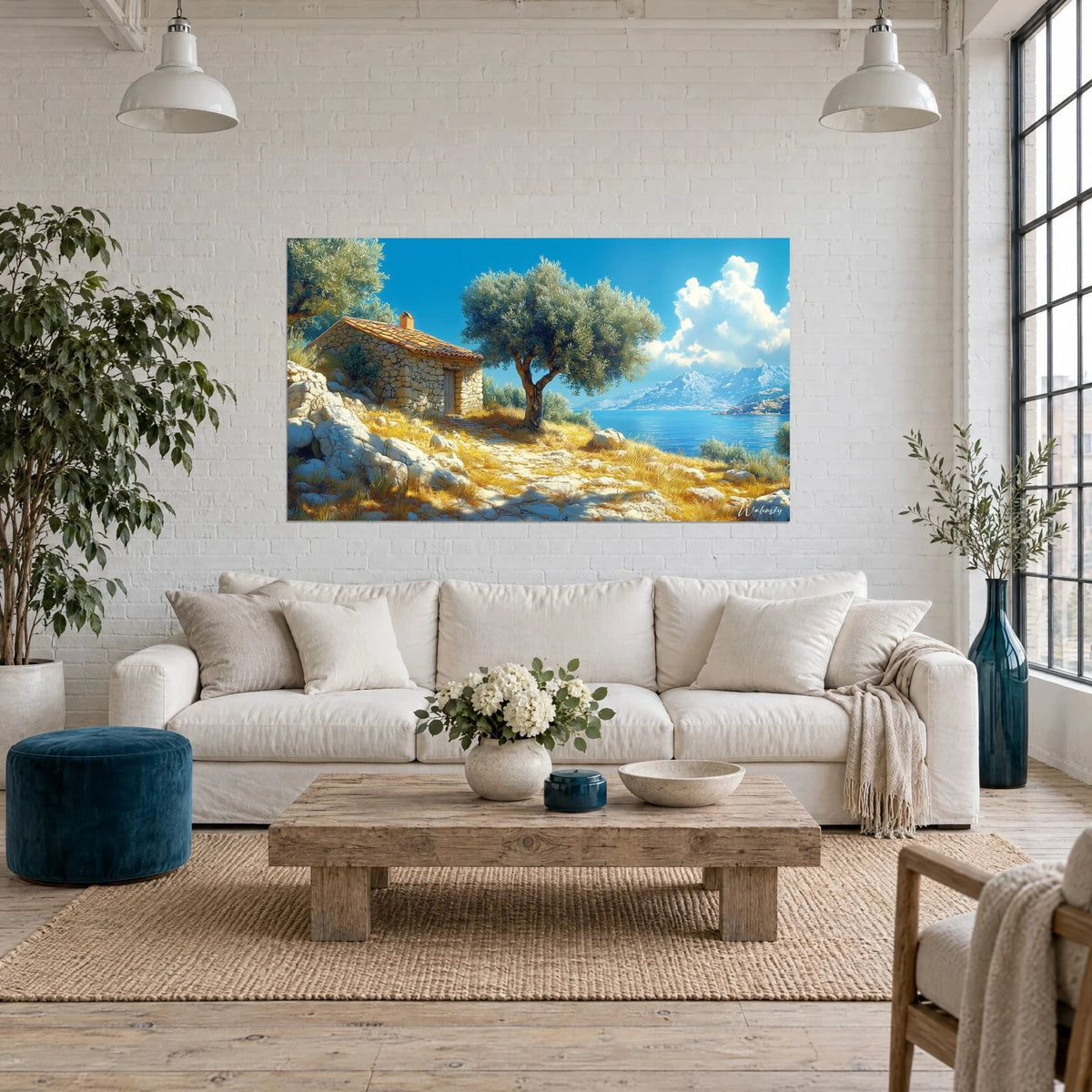 Wall art of a stone cabin beneath an olive grove, blue sky and golden grasses, sea in the distance, above a sofa in a bright living room