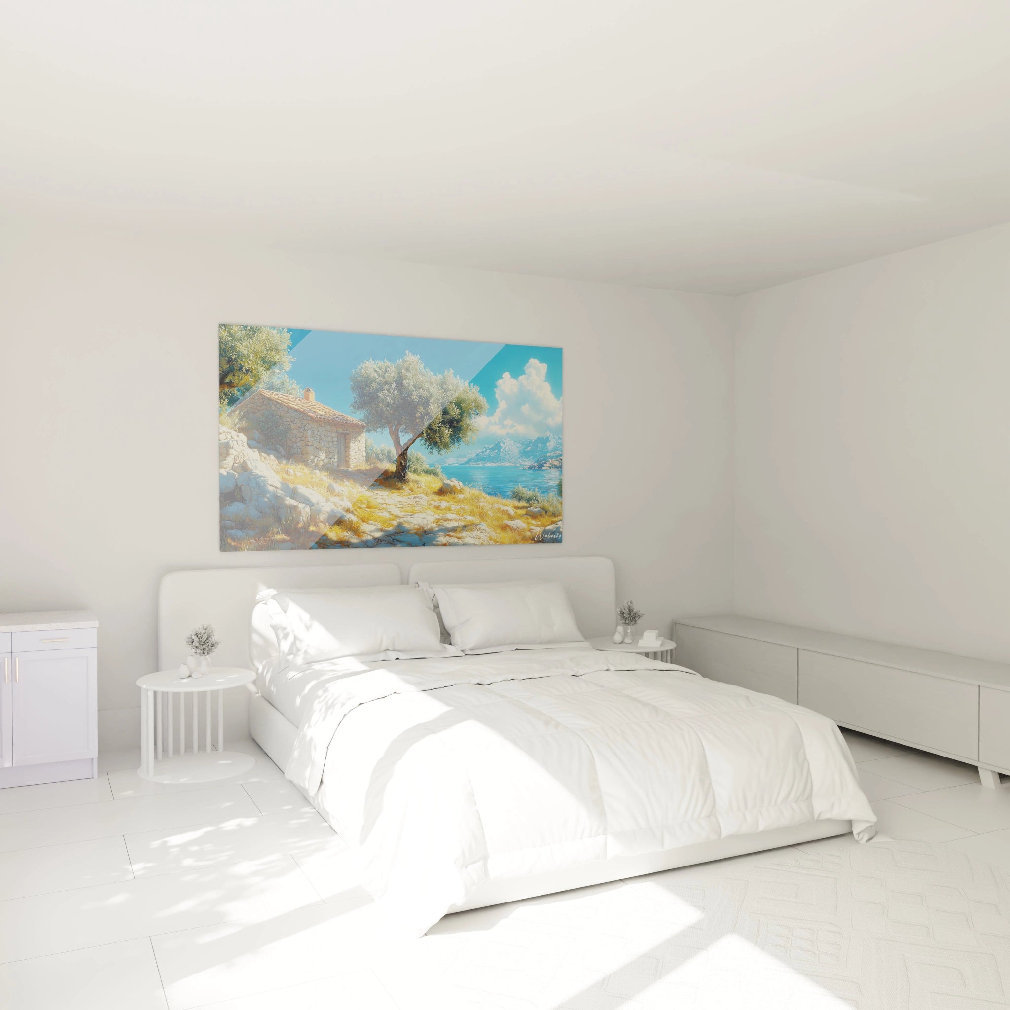 Un tableau côtier méditerranéen montrant une petite maison de pierre aux tuiles orangées, entourée d'herbes dorées et d'un olivier argenté, surplombant une baie aux eaux cristallines et des montagnes bleutées sous un ciel lumineux.

