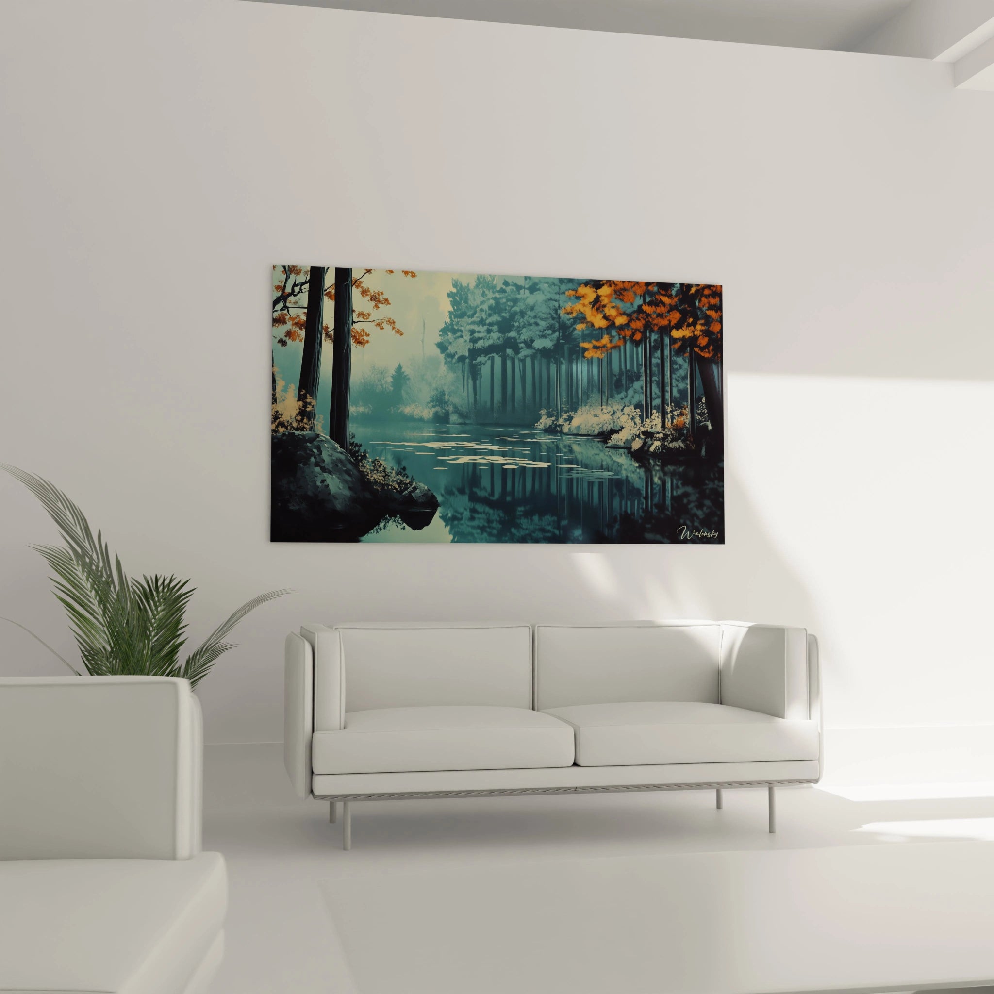 Un tableau saisissant d'un paysage forestier contemplatif avec étang aux eaux calmes turquoise, encadré par de majestueux conifères bleu-vert et quelques arbres aux feuillages orange, le tout enveloppé d'une brume éthérée.
