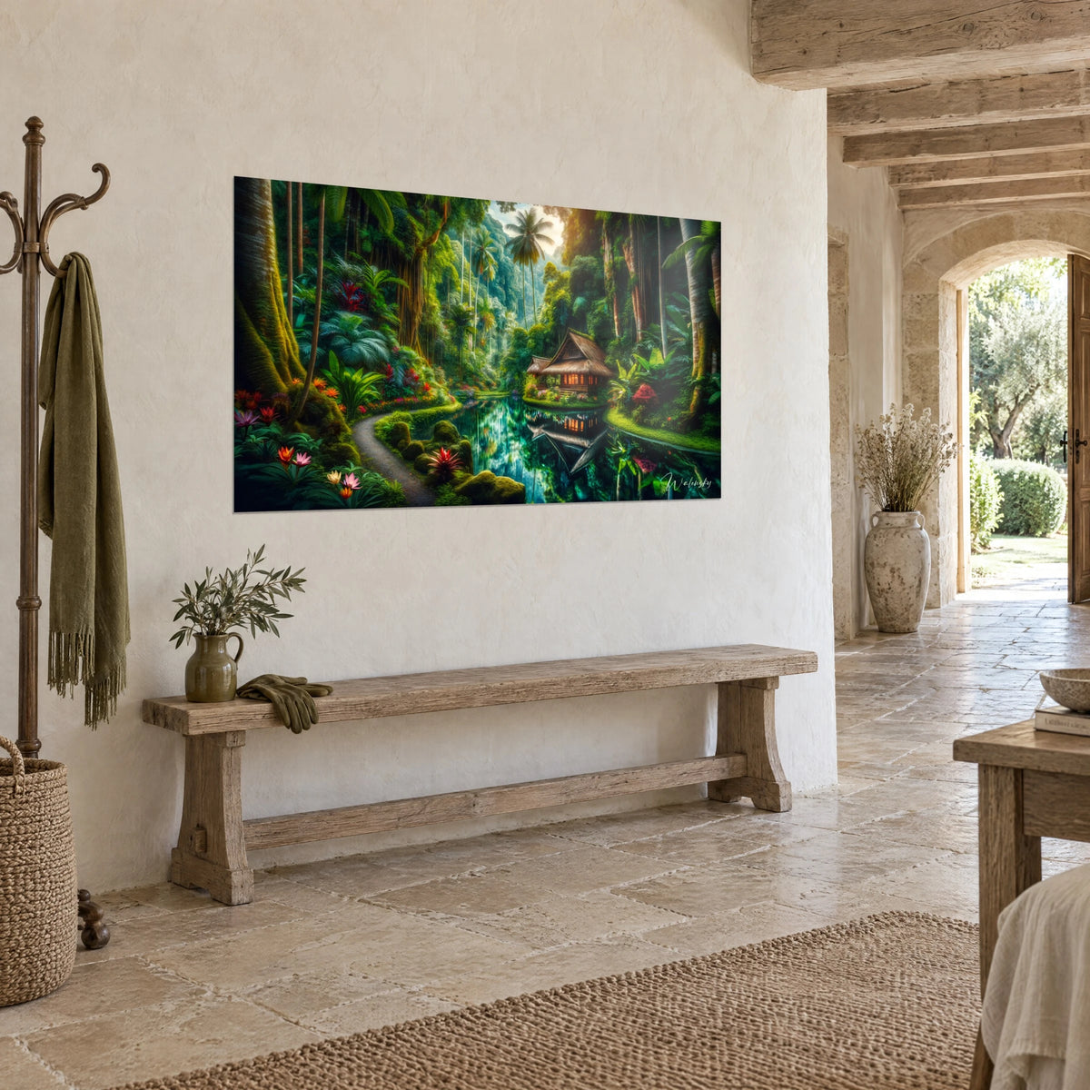 Tableau chalet tropical lové dans la jungle, vert profond et orange vif, reflets dans l'eau, vue de trois-quarts, banc en bois