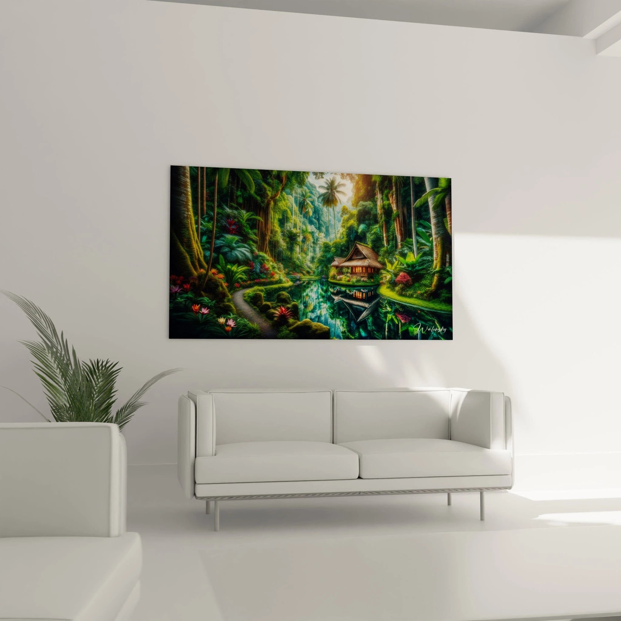 Un tableau paysage montrant un bungalow à l'architecture asiatique dans un écrin de verdure tropicale. La composition présente des textures variées: mousse veloutée, feuillages brillants et eau transparente. Un chemin gris serpente entre des rochers moussus et des plantes exotiques aux fleurs colorées sous la canopée de hauts palmiers.
