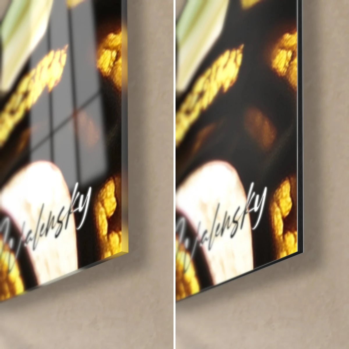 Tableau portrait vitrail, coin bas droit : verre brillant aux reflets sur noir, Dibond mat, tranche fine de 3 mm