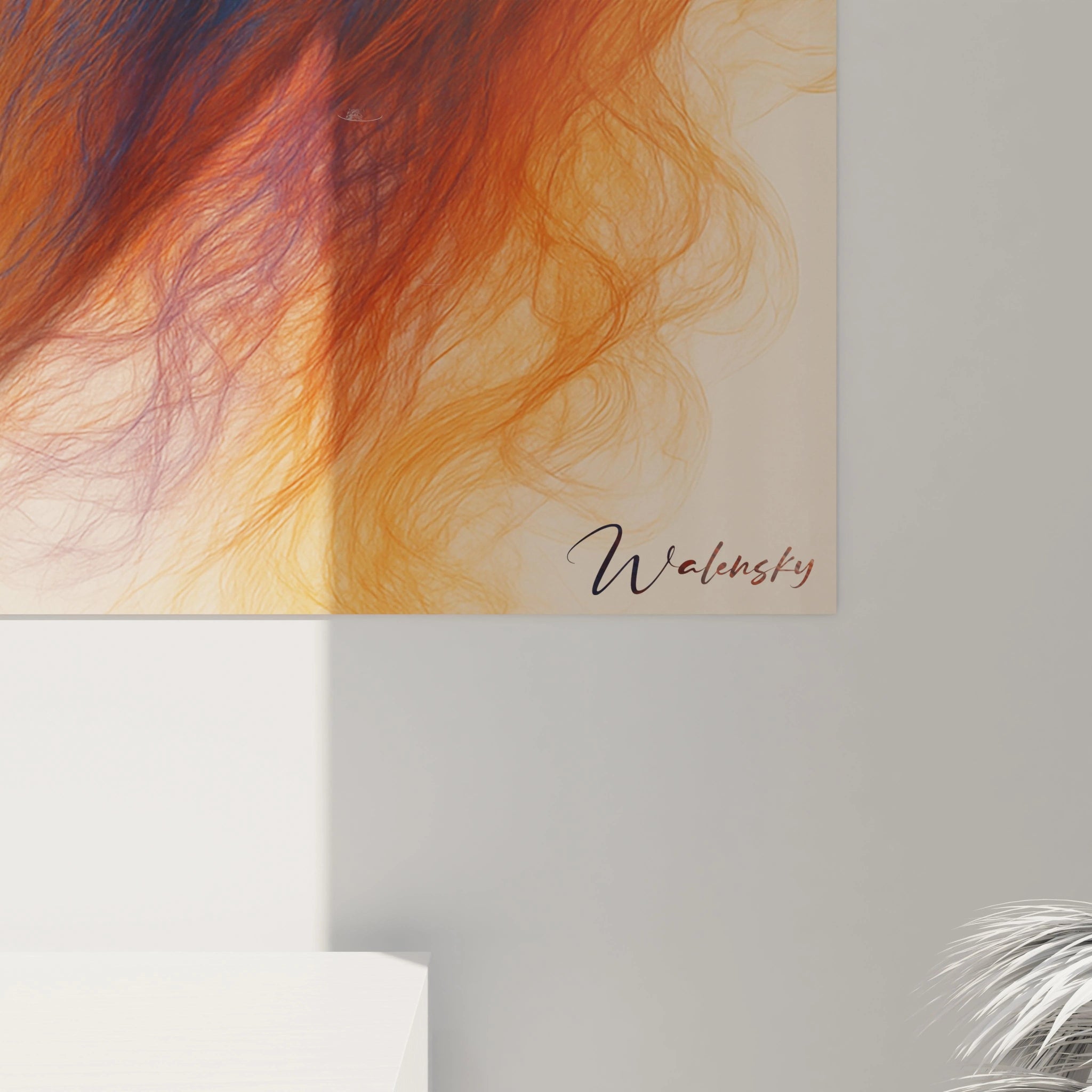 Un tableau singe artistique capturant l'essence d'un primate au regard perçant, combinant des teintes bleu indigo et orange ambré qui se fondent harmonieusement, avec une texture vaporeuse semblable à de la fumée colorée.
