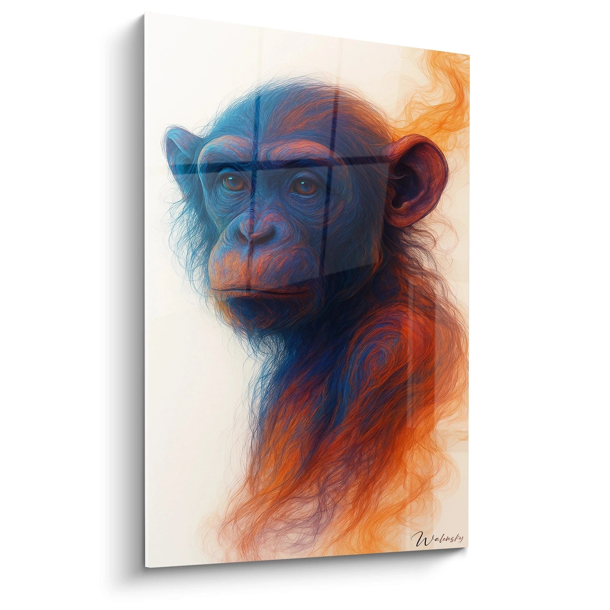 Un tableau singe bicolore représentant un chimpanzé au regard intense, réalisé dans des teintes bleues et oranges contrastées, avec des textures vaporeuses et filamenteuses sur fond beige pâle.
