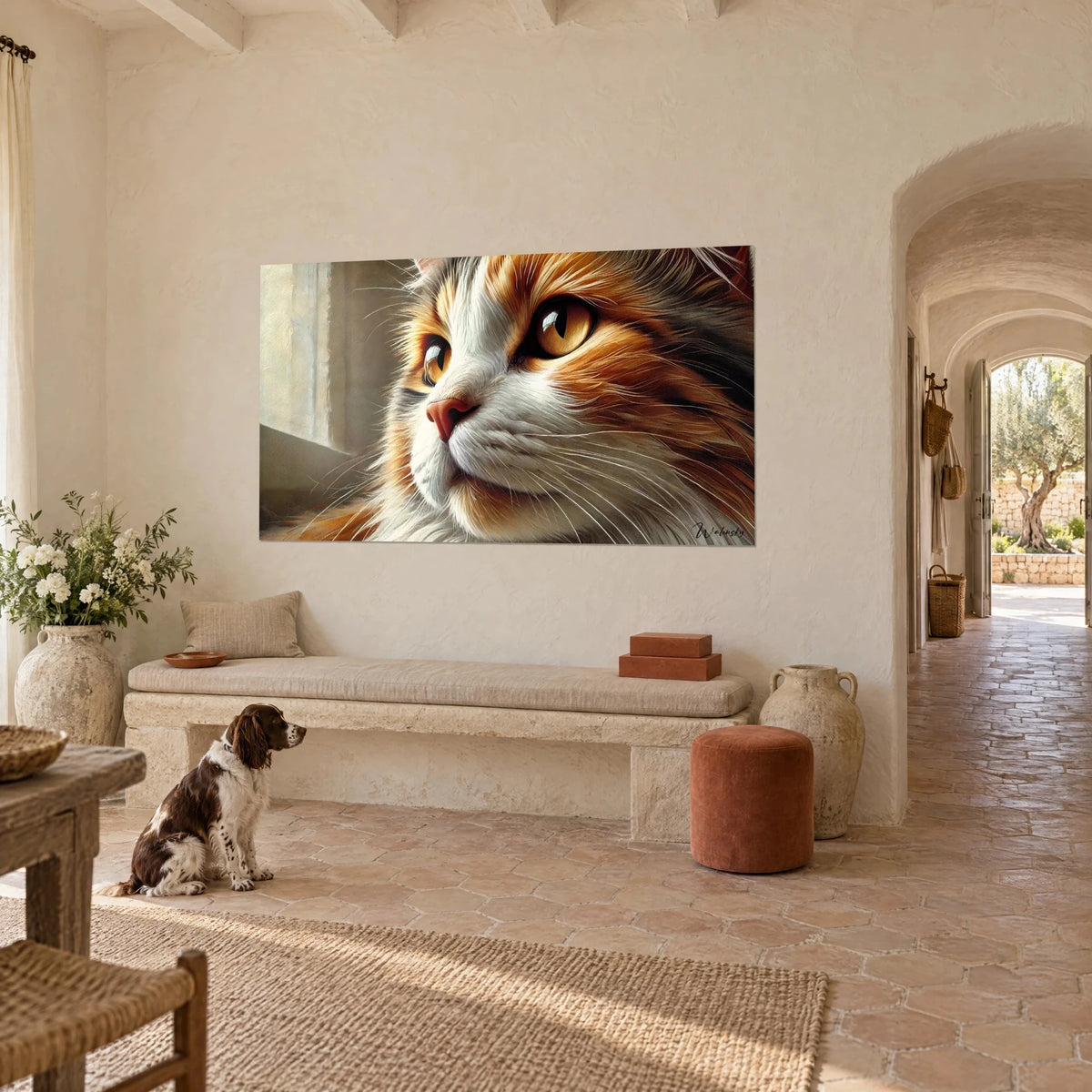 Quadro ritratto di gatto tigrato arancione, muso rosa pallido e iridi dorate, di fronte a uno spaniel seduto sulle piastrelle di un casale