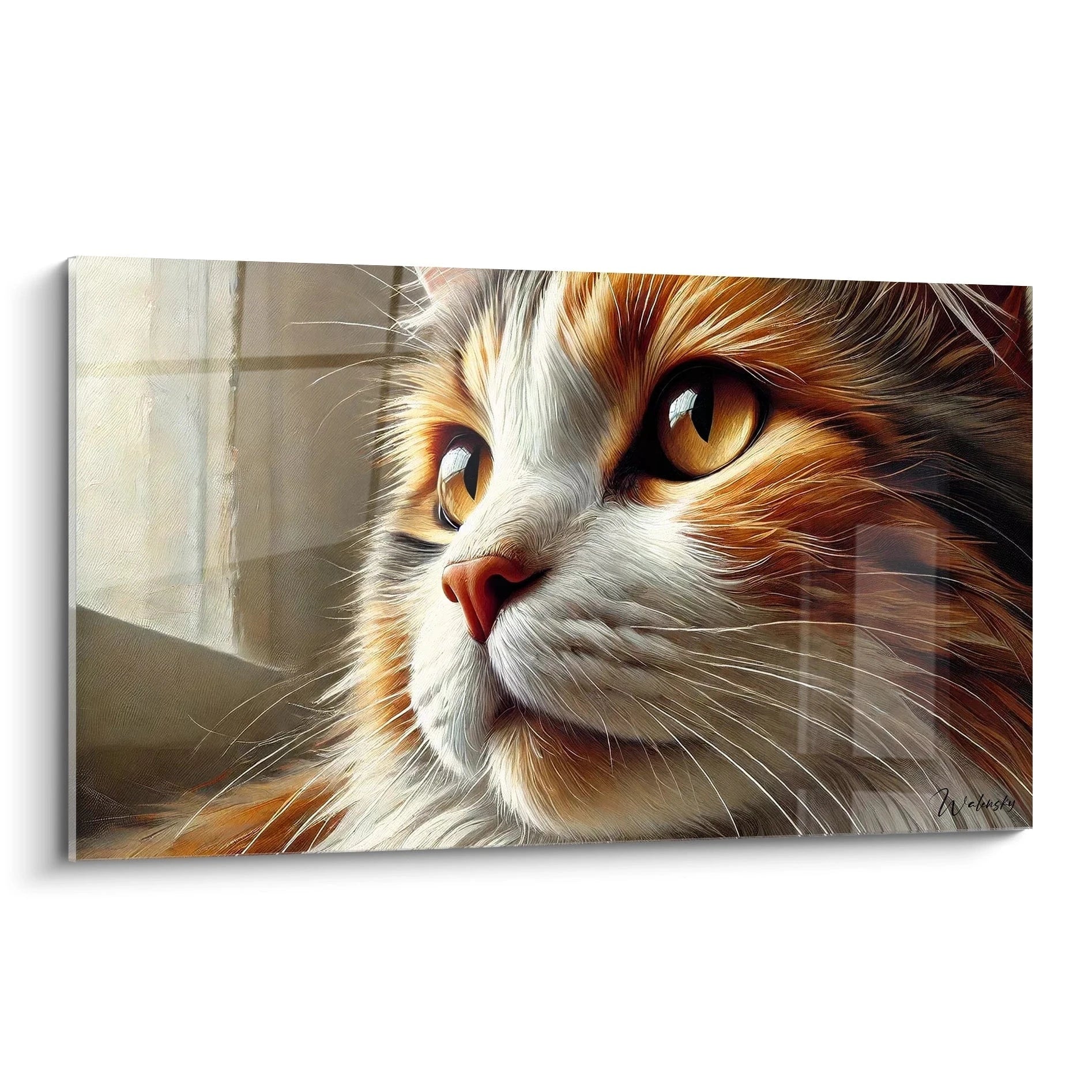 Admirez ce tableau chat réaliste vu de biais, avec un gros plan des yeux ambrés et du pelage soyeux. Parfait pour ajouter une touche d'élégance à votre espace de vie.