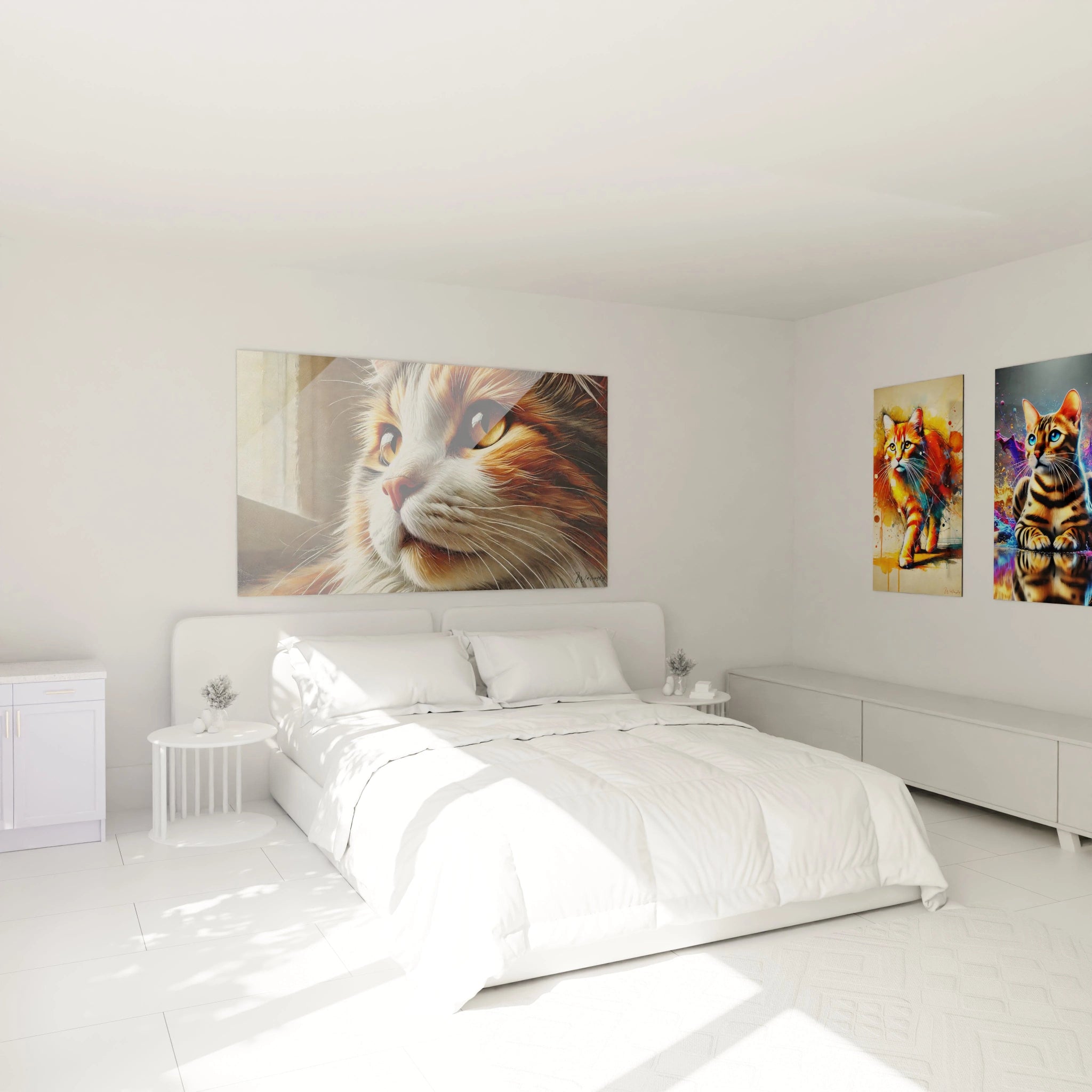 Ce tableau chat, suspendu au-dessus du lit, apporte une ambiance chaleureuse et apaisante à la chambre. Le portrait félin détaillé s'harmonise parfaitement avec une décoration moderne.