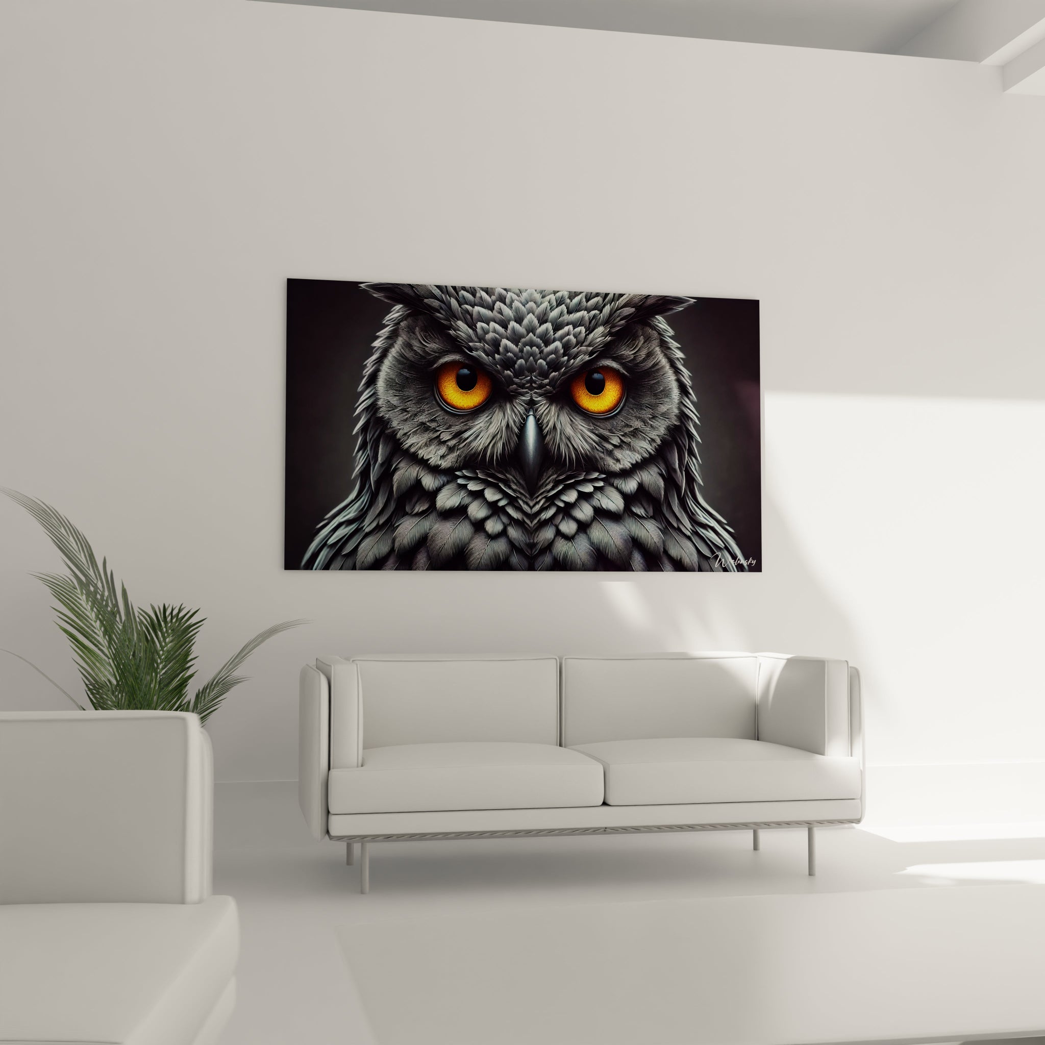tableau hibou installé dans un salon moderne au-dessus d’un canapé contraste captivant entre l’arrière-plan sombre et les yeux orange éclatants créant un point focal fascinant et élégant

