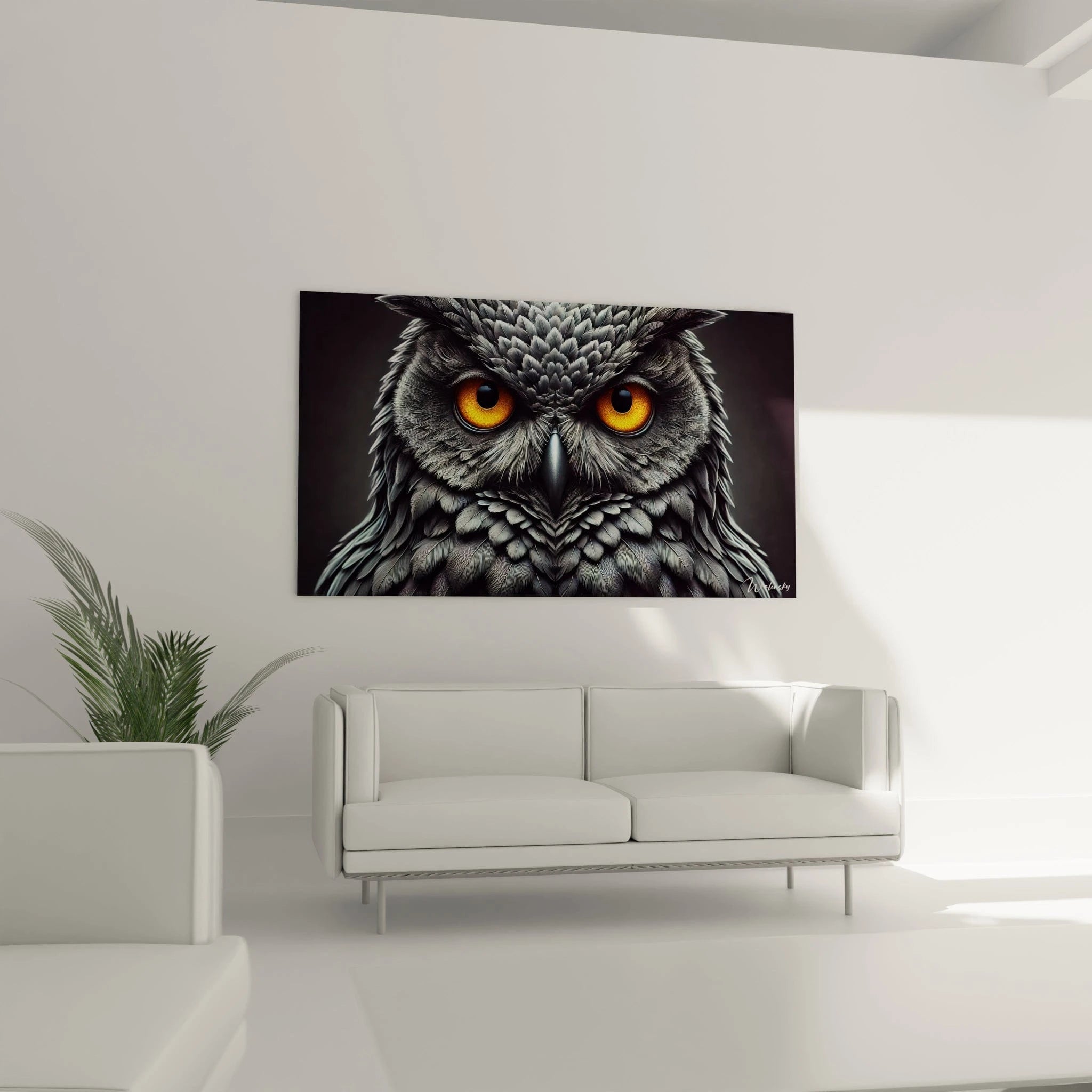 tableau hibou installé dans un salon moderne au-dessus d’un canapé contraste captivant entre l’arrière-plan sombre et les yeux orange éclatants créant un point focal fascinant et élégant

