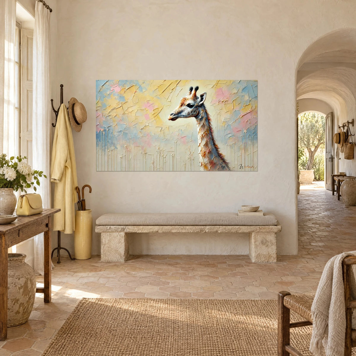 Schilderij van een girafportret, grijsblauwe snuit en zwarte hoorntjes, crèmekleurige druipsporen, driekwart aanzicht in een Provençaals boerenhuis