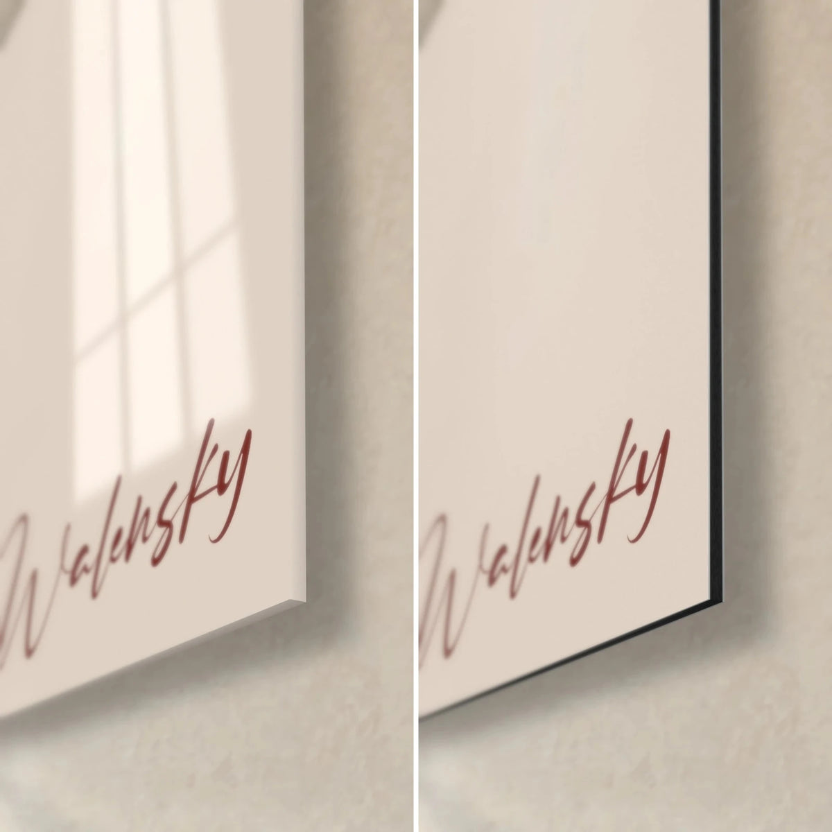 Tableau femme au chapeau gris, signature Walensky rouge bordeaux sur fond crème, verre brillant et Dibond mat noir en tranche