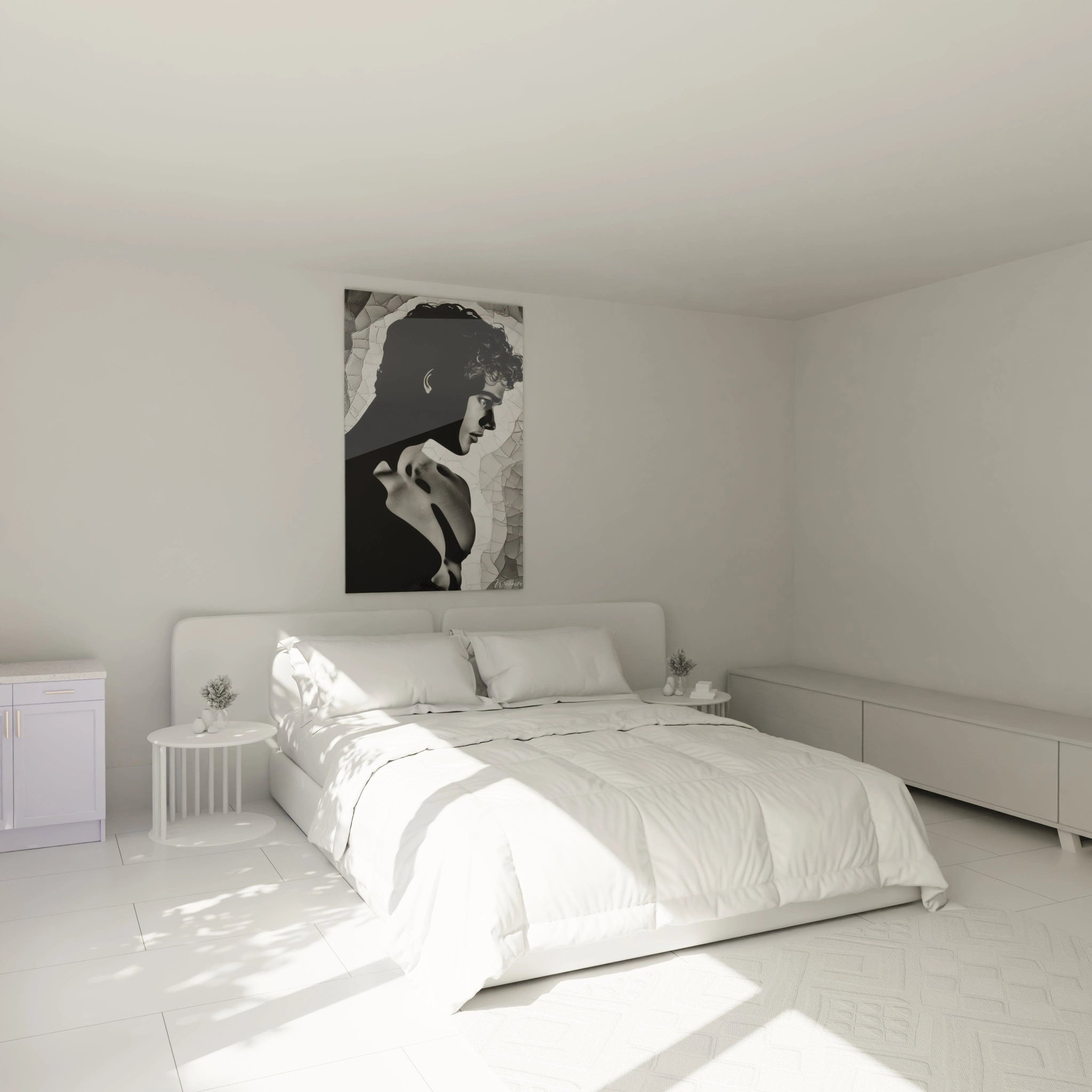 Tableau mural art masculin moderne de Walensky dans une chambre lumineuse avec lit blanc