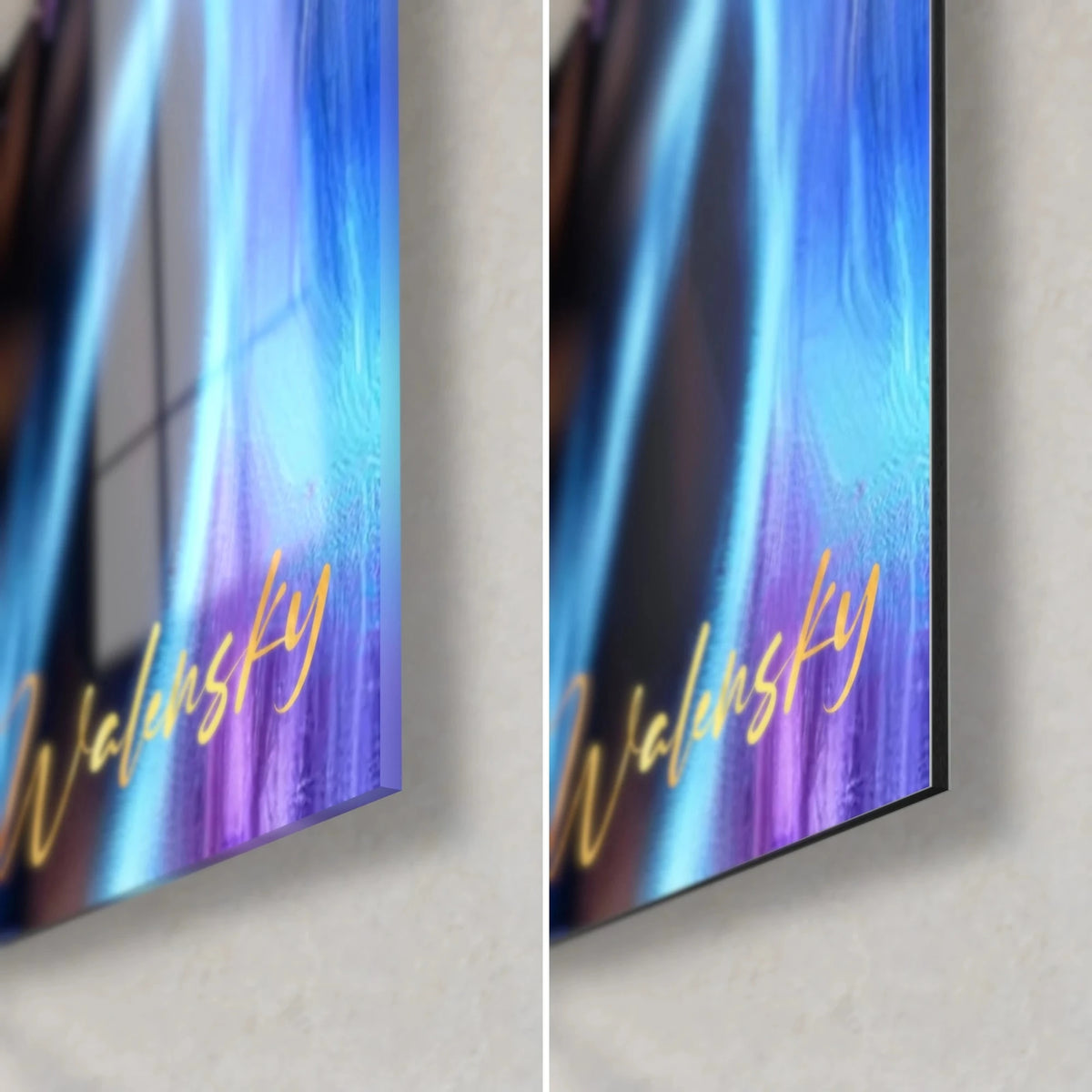 Schilderij Bengaalse kat met saffierblauwe ogen, rechtsonder: glanzend acrylglas links, mat Dibond-aluminium rechts, rand van 3 mm
