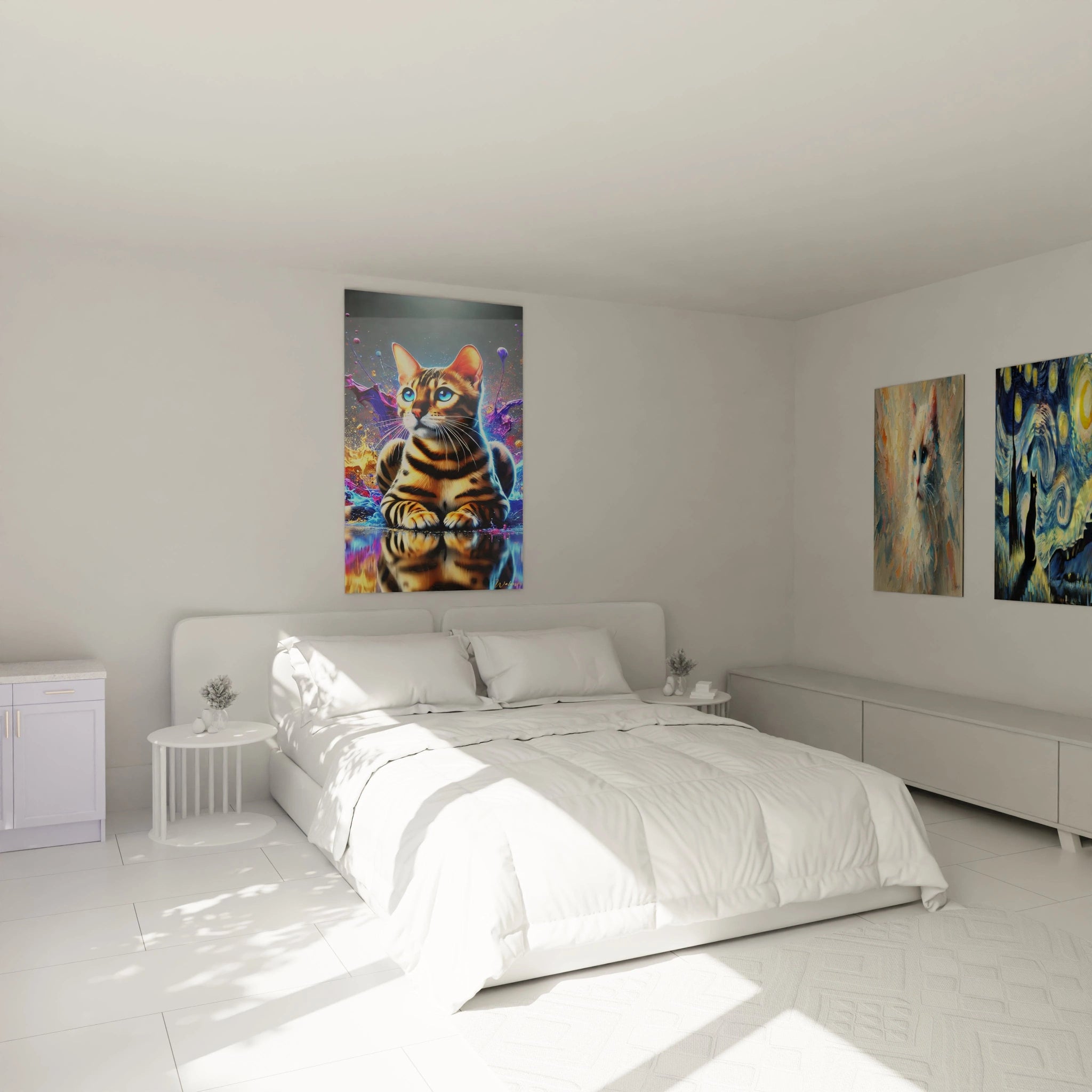 Ce tableau chat, accroché au-dessus du lit, ajoute une touche artistique unique à la chambre. Les couleurs éclatantes et les détails réalistes du chat tigré transforment l'ambiance de la pièce.

