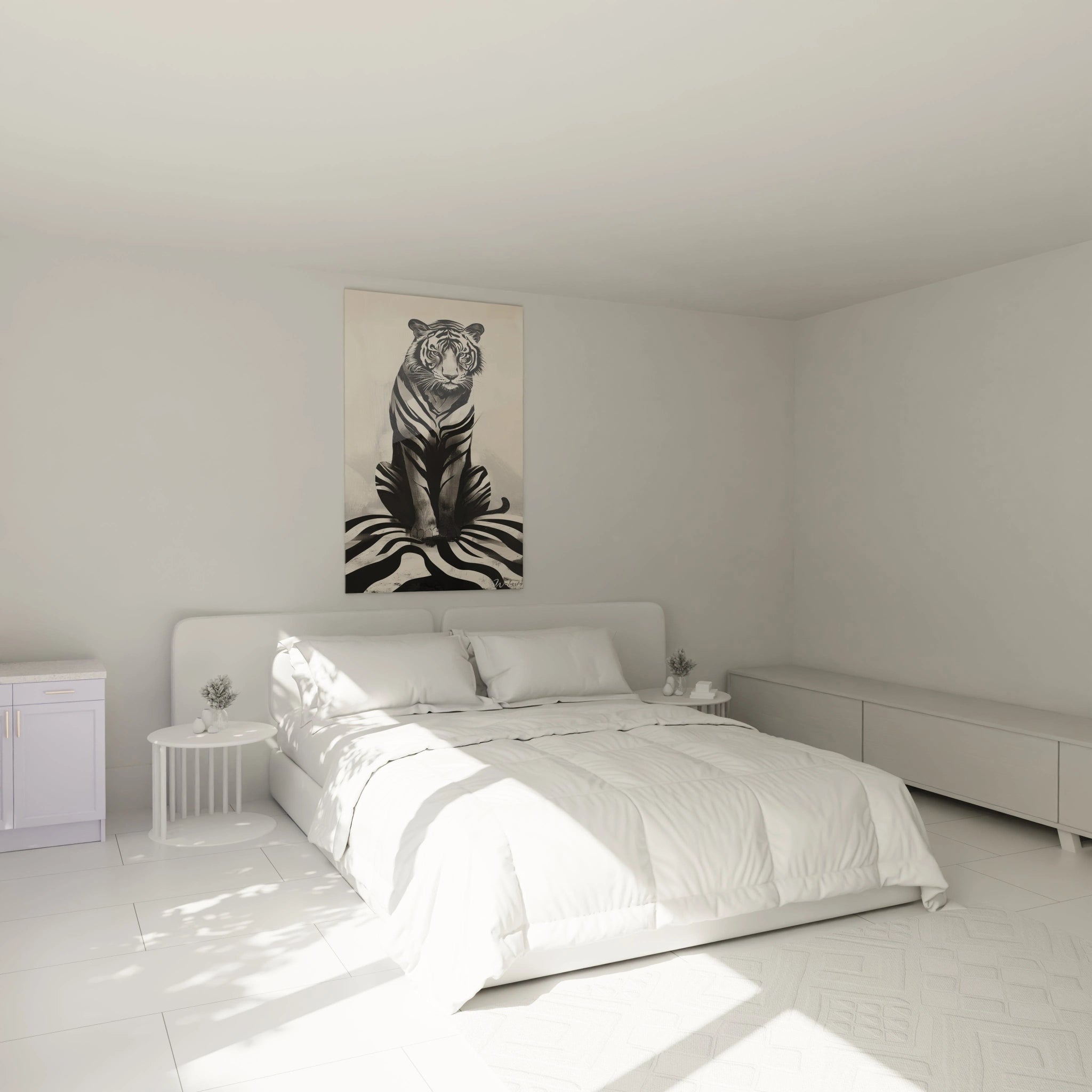 Un tableau tigre rayé montrant un prédateur félin en position assise frontale, aux lignes graphiques noires sur fond blanc crème, avec un traitement détaillé des rayures s'étendant au sol en motif circulaire.
