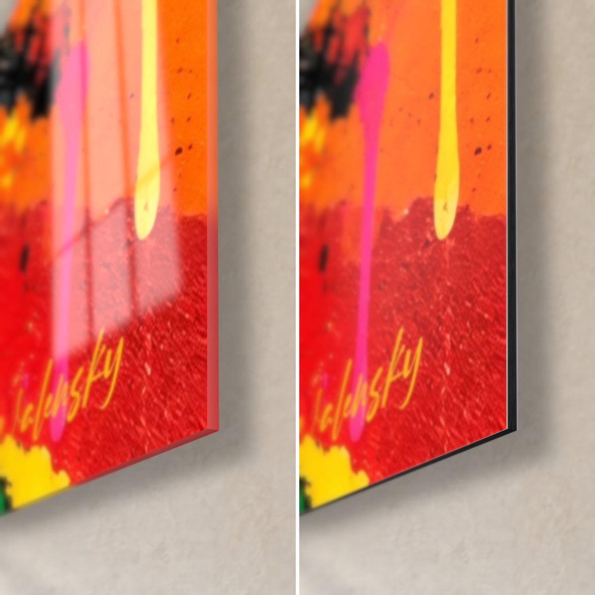 Tableau musicien reggae aux gouttes de peinture rouge et jaune, coin bas droit : verre brillant à gauche, Dibond mat à droite