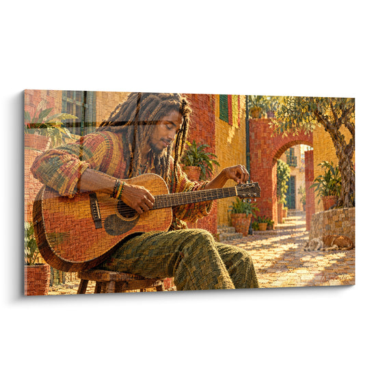 Tableau Guitariste ocre et terracotta dans ruelle ensoleillée - Instant suspendu - Edition Reggae