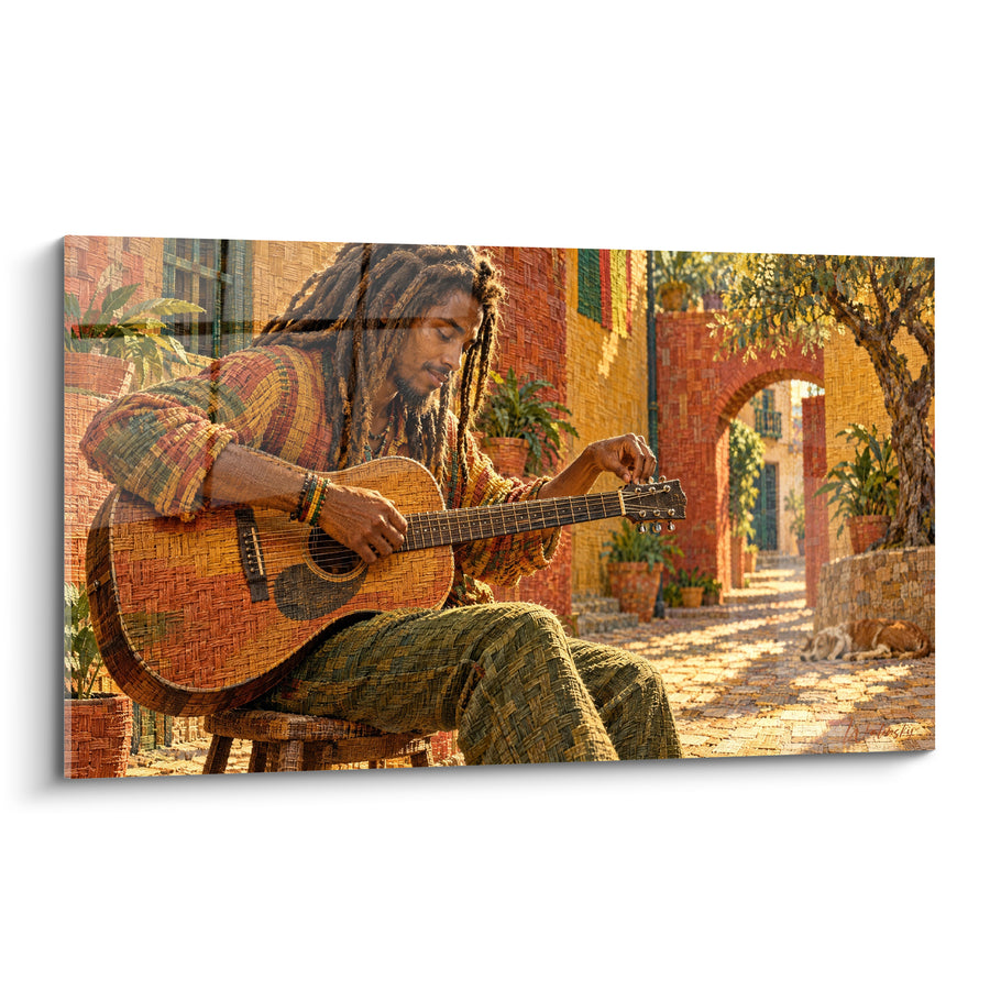 Tableau Guitariste ocre et terracotta dans ruelle ensoleillée - Instant suspendu - Edition Reggae