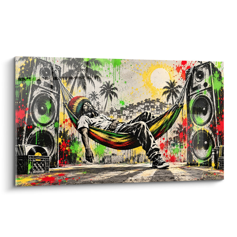 Tableau Homme hamac rasta entre enceintes vertes et rouges - Sieste sous les basses - Edition Reggae