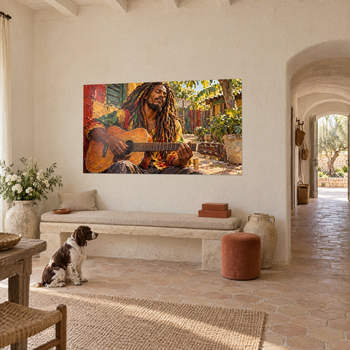 Tableau musicien rasta jouant sa guitare orange, chemise ocre et rouge à gros coups de couteau, spaniel assis, mas provençal