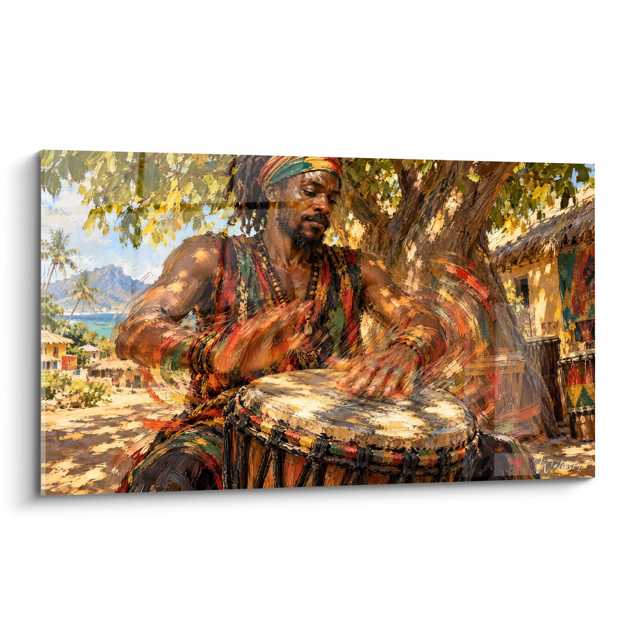 Tableau Percussionniste djembé mains ocre et vertes - Transe rythmique - Edition Reggae