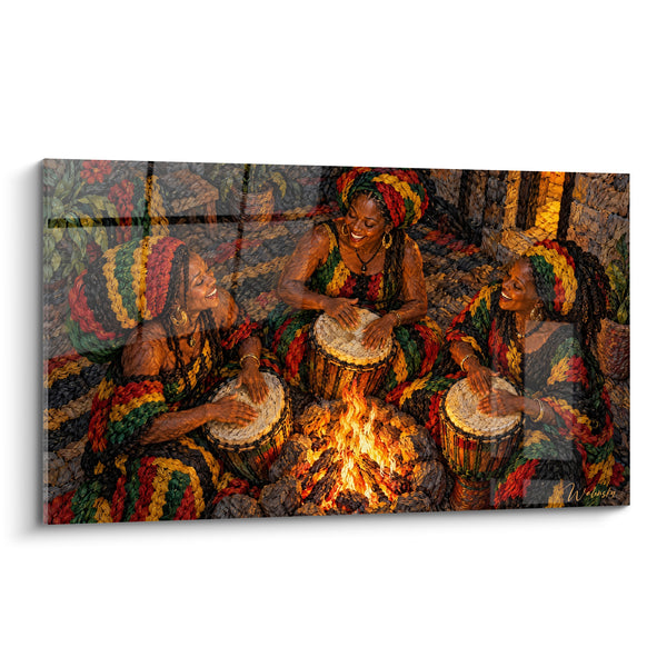 Tableau Trois percussionnistes au turban rouge et vert - Veillée tribale - Edition Reggae