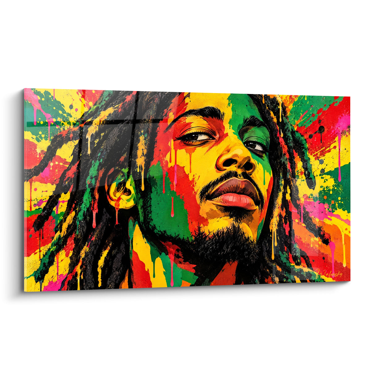 Tableau chanteur reggae aux dreadlocks peintes de jaune, vert et rouge éclaboussé