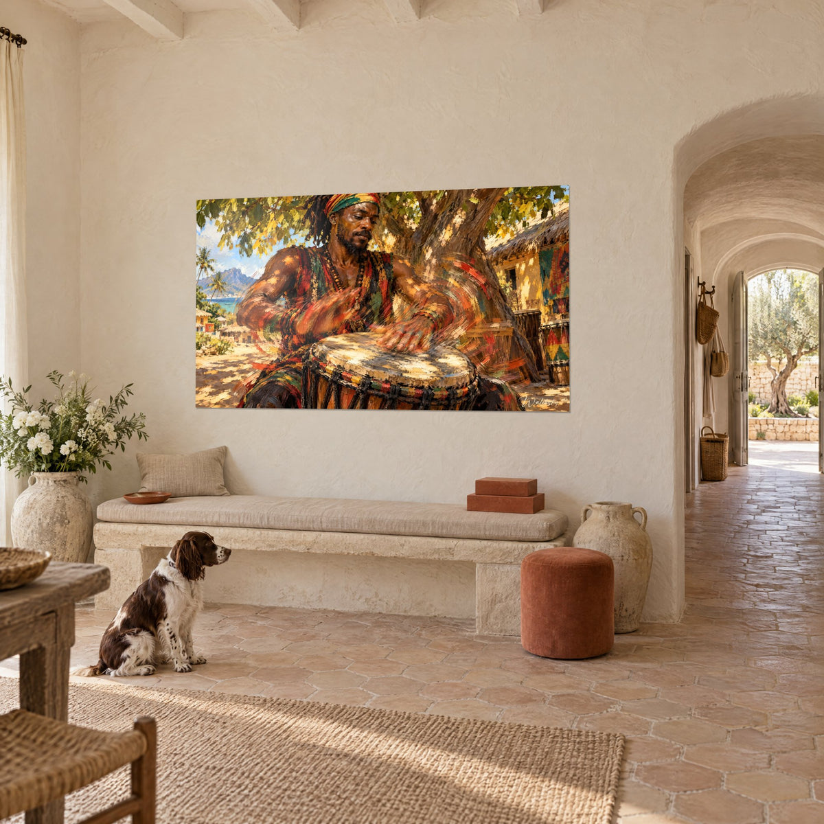 Tableau joueur de tambour africain en transe, peau crème du djembé et feuillage doré, mur blanc d'un mas provençal avec spaniel