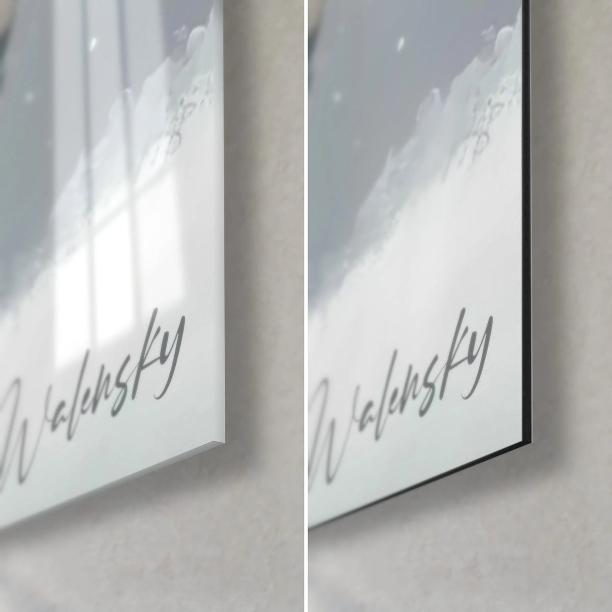 Schilderij sneeuwuil, rechtsonder: glanzend glas met reflecties, mat grijs en wit Dibond, 3 mm dik