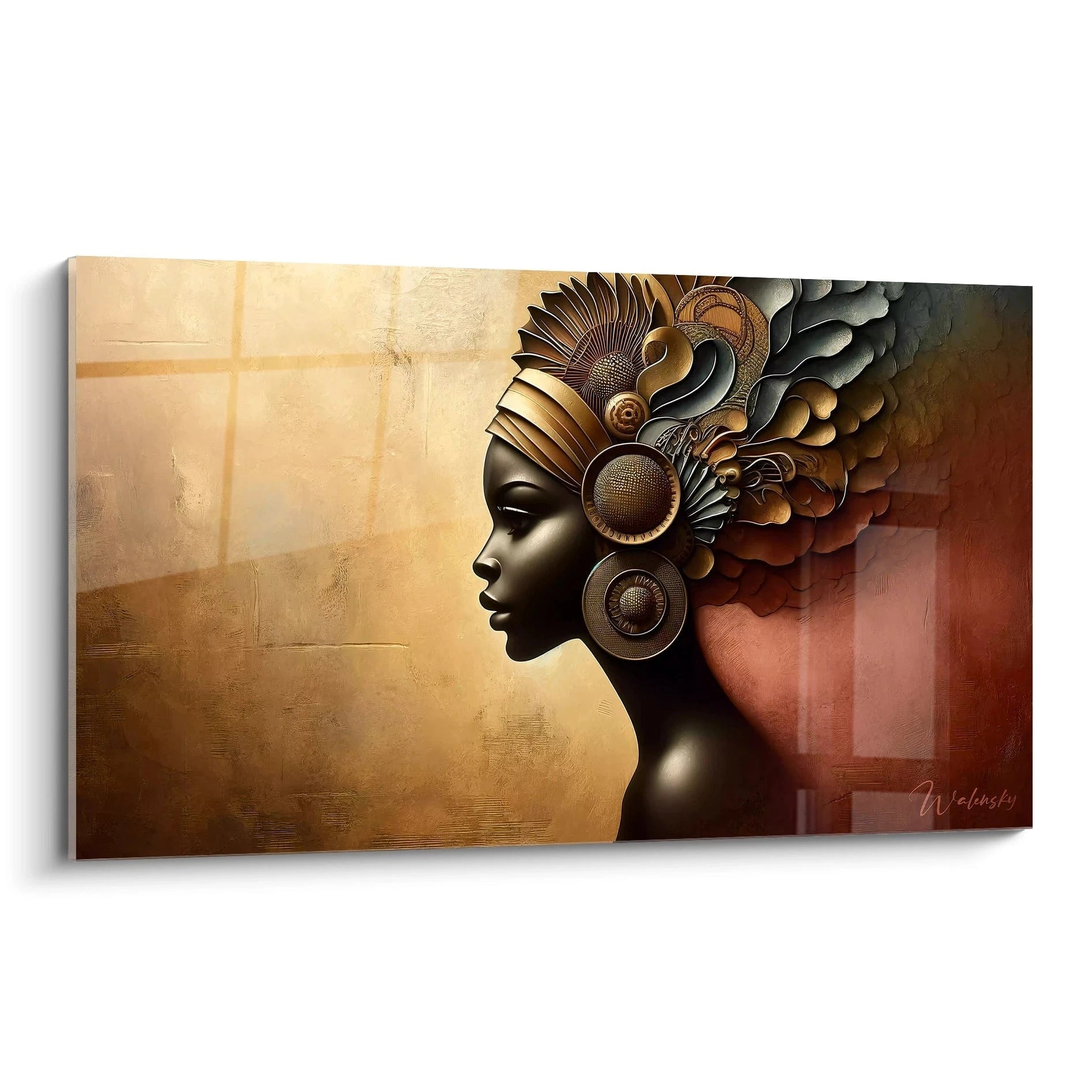 Vue de biais du tableau africain montrant ses détails dorés et bronzés sur fond noir, représentant la féminité africaine avec des coiffures et des motifs organiques, une œuvre à la fois moderne et traditionnelle.

