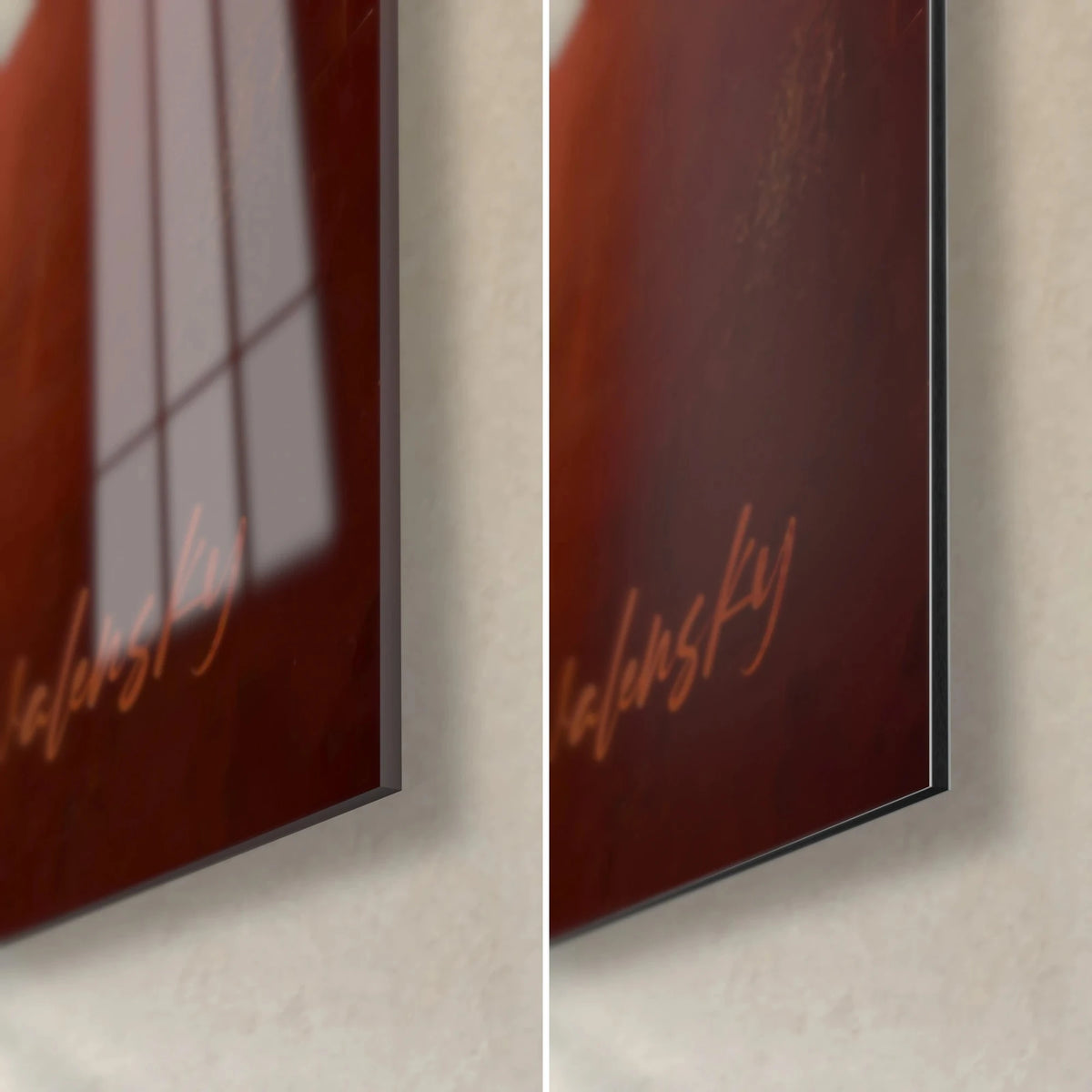 Tableau reine d'ébène à la coiffe dorée, coin bas droit : verre acrylique brillant à gauche, Dibond mat à droite, tranche 3 mm
