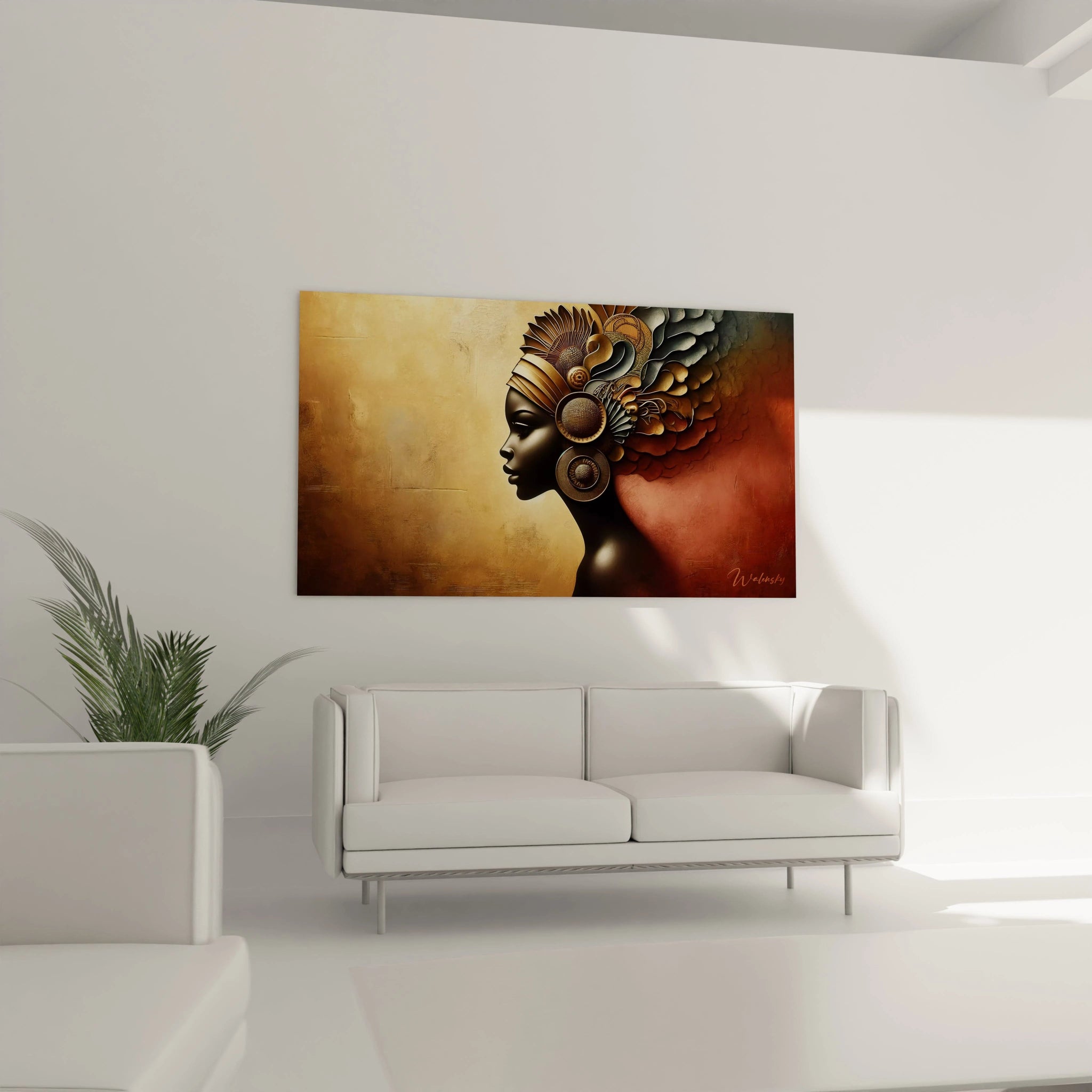 Tableau africain suspendu au mur d’un salon, au-dessus du canapé, ses formes circulaires et textures en relief attirent l’attention tout en créant une ambiance calme et inspirante dans le décor.

