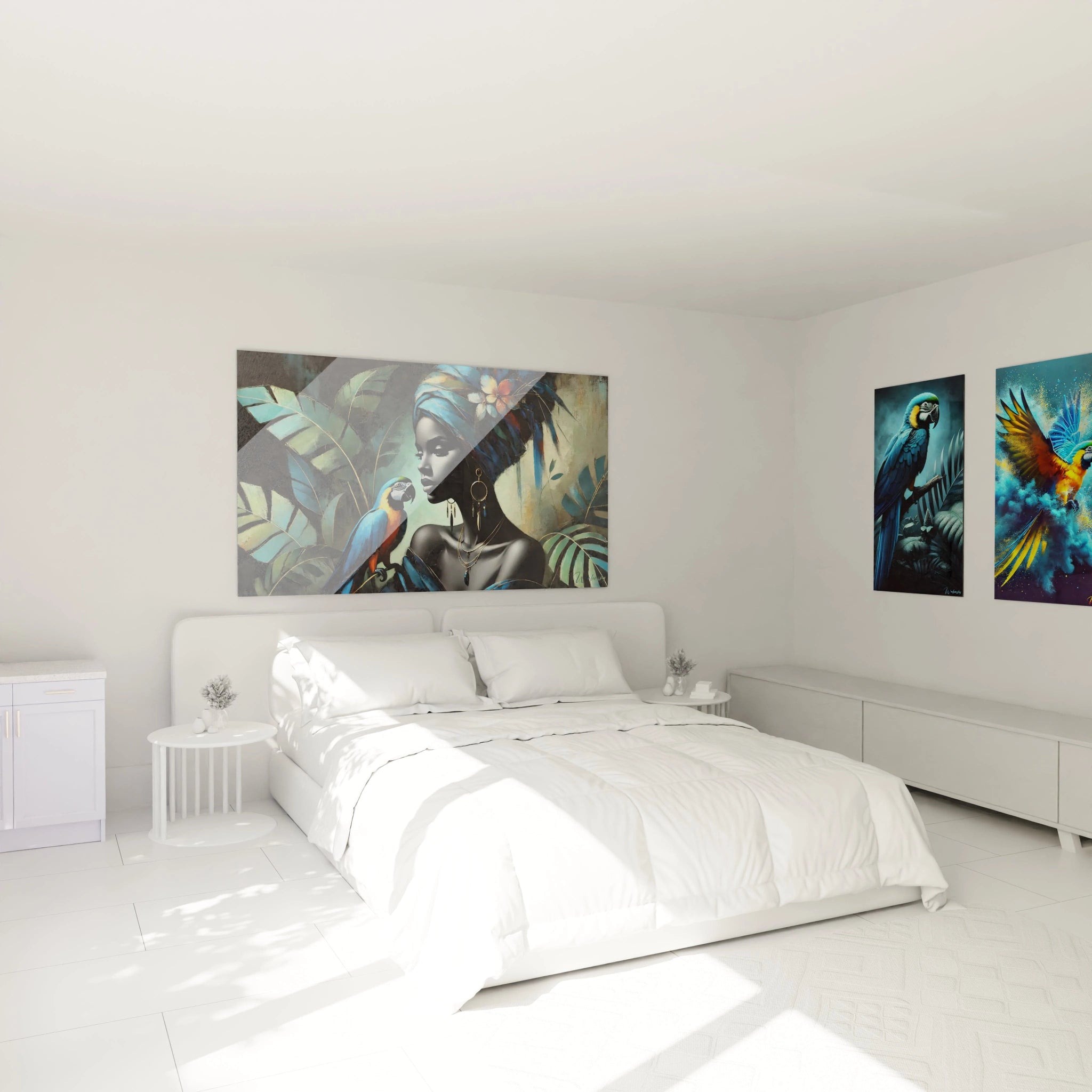 Ce tableau perroquet apporte une touche de sérénité exotique à votre chambre. Placé au-dessus du lit, il crée une atmosphère raffinée et apaisante grâce à ses couleurs vibrantes et son design harmonieux.

