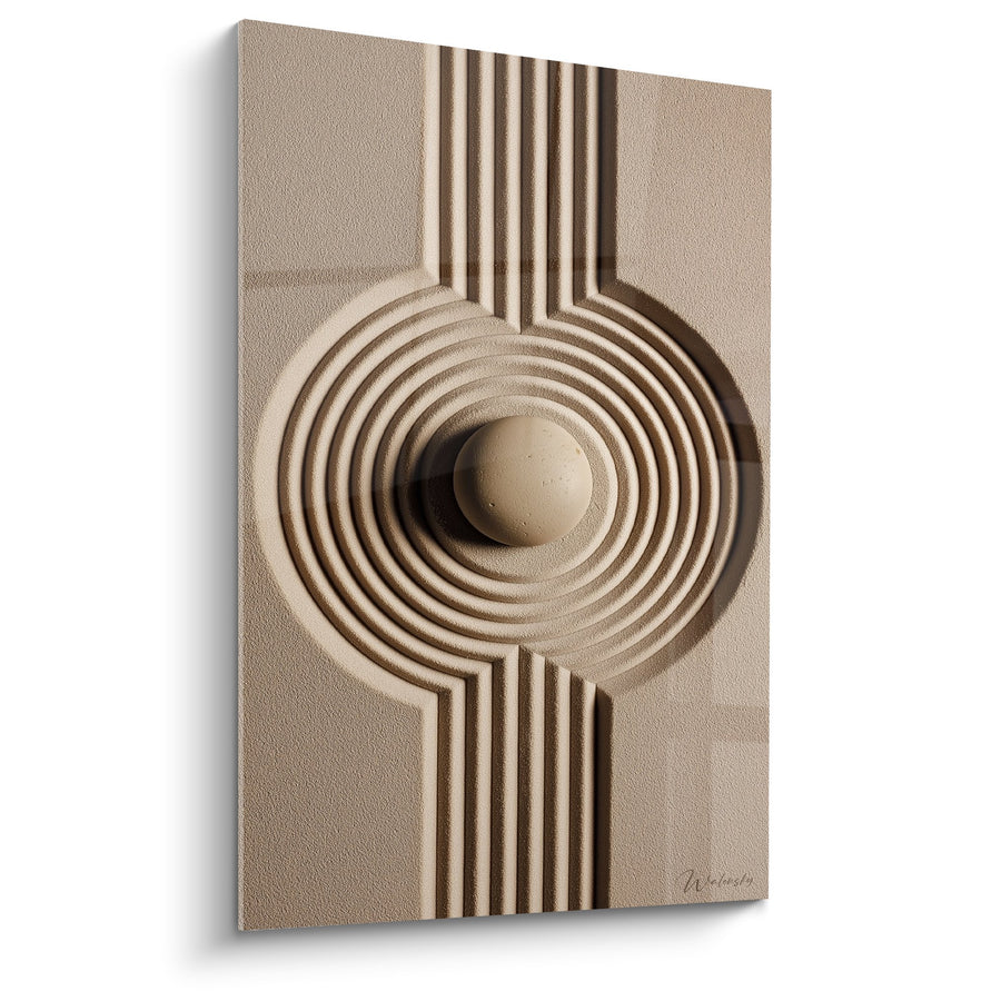 Tableau Sculpture Relief Beige Cercles Concentriques et Lignes Verticales - Harmonie Géométrique - Edition Sable