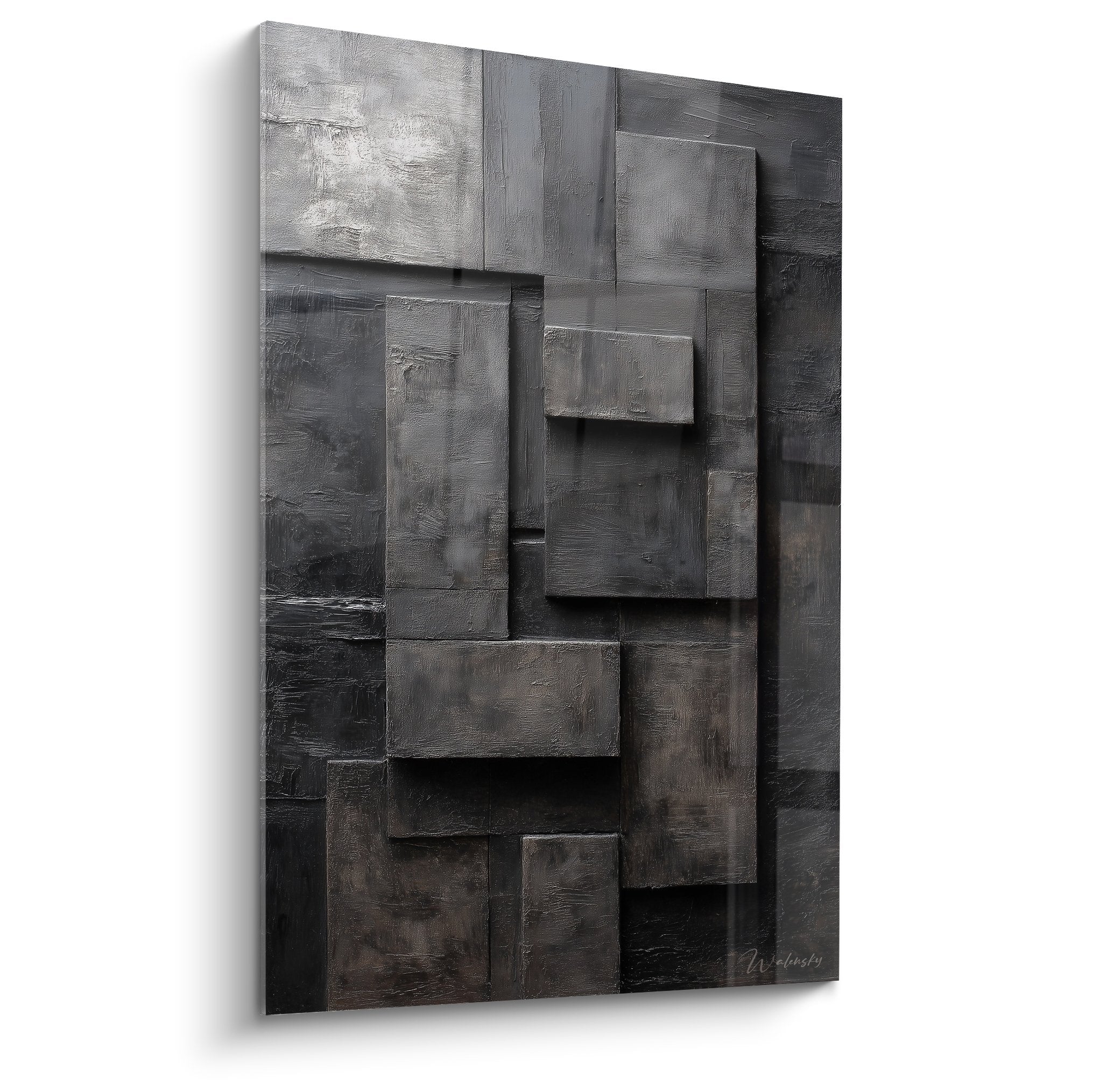 Tableau abstrait geometrique relief gris metallique noir composition volumes rectangulaires feng shui nord ouest metal
