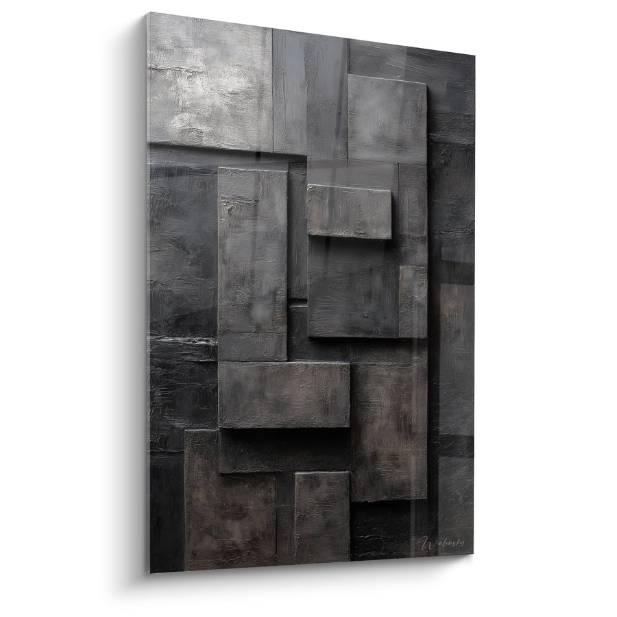 Obraz kompozycja geometryczna abstrakcyjna szaro-czarna w reliefie - Gra objętości metalicznych - Edycja Feng Shui Północno-Zachodnia Metal