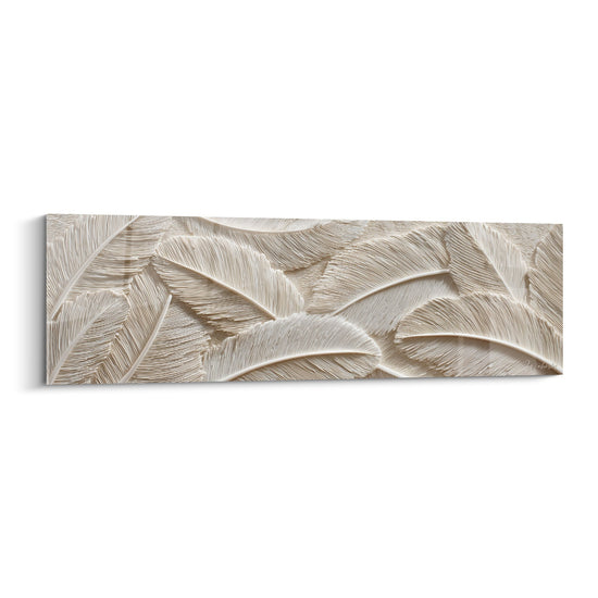 Relief mural plumes beiges sculptées texture 3D panoramique decoration murale elegante naturelle