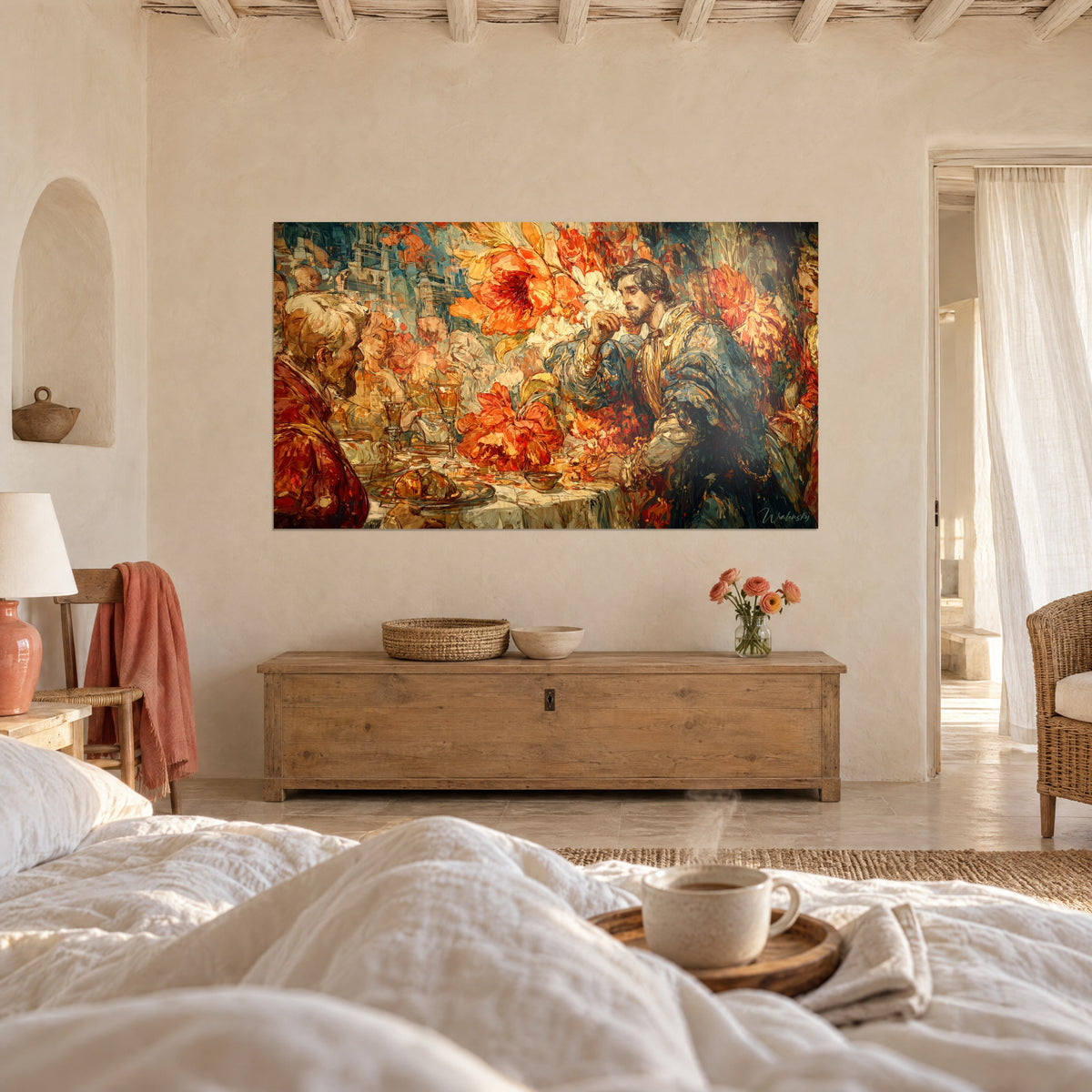 Cuadro escena de mesa del siglo XVI, flores naranjas gigantes y un anciano de rojo, sobre una cama en un dormitorio luminoso