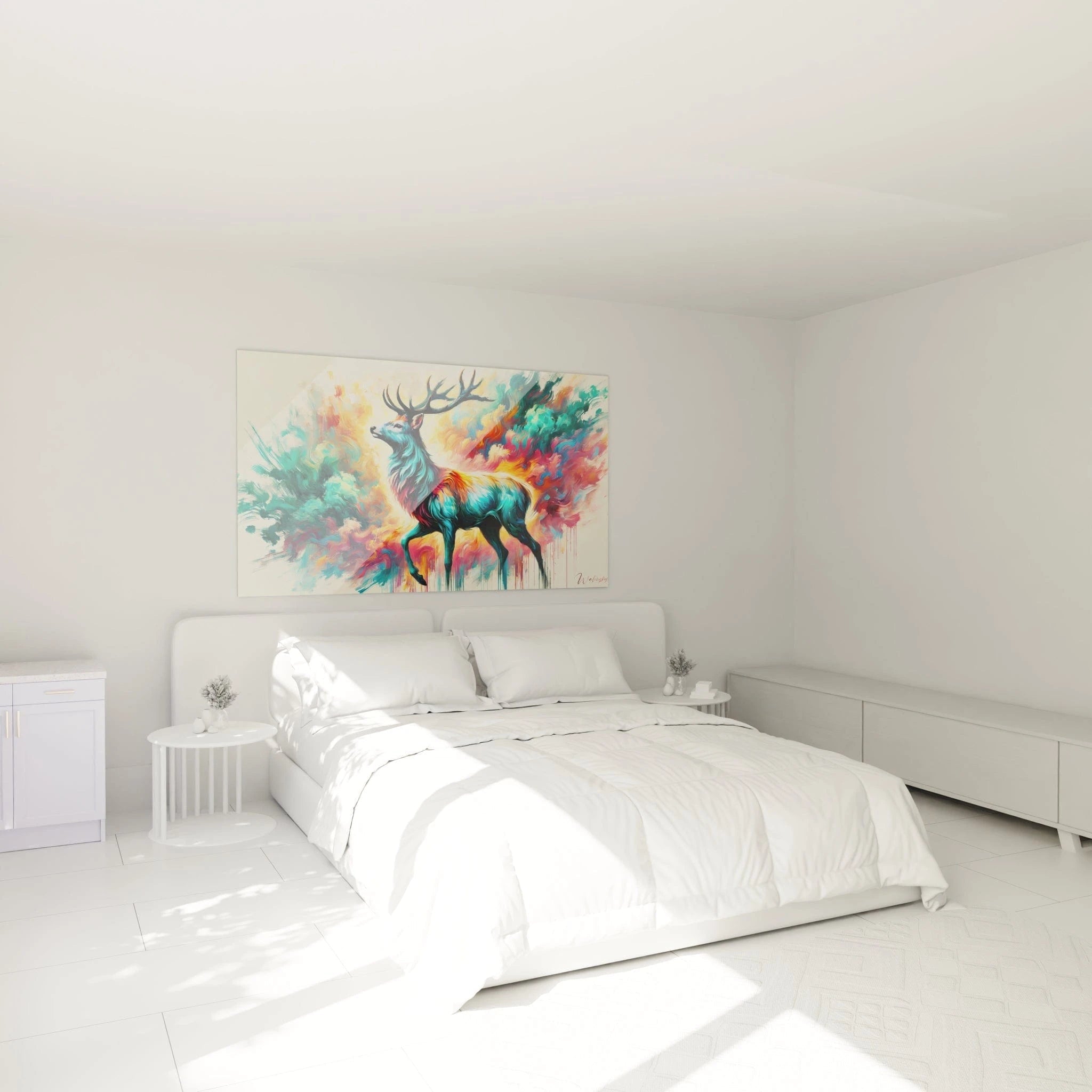 tableau cerf au-dessus d’un lit dans une chambre ambiance chaleureuse teintes multicolores et mouvement abstrait pour une sérénité visuelle
