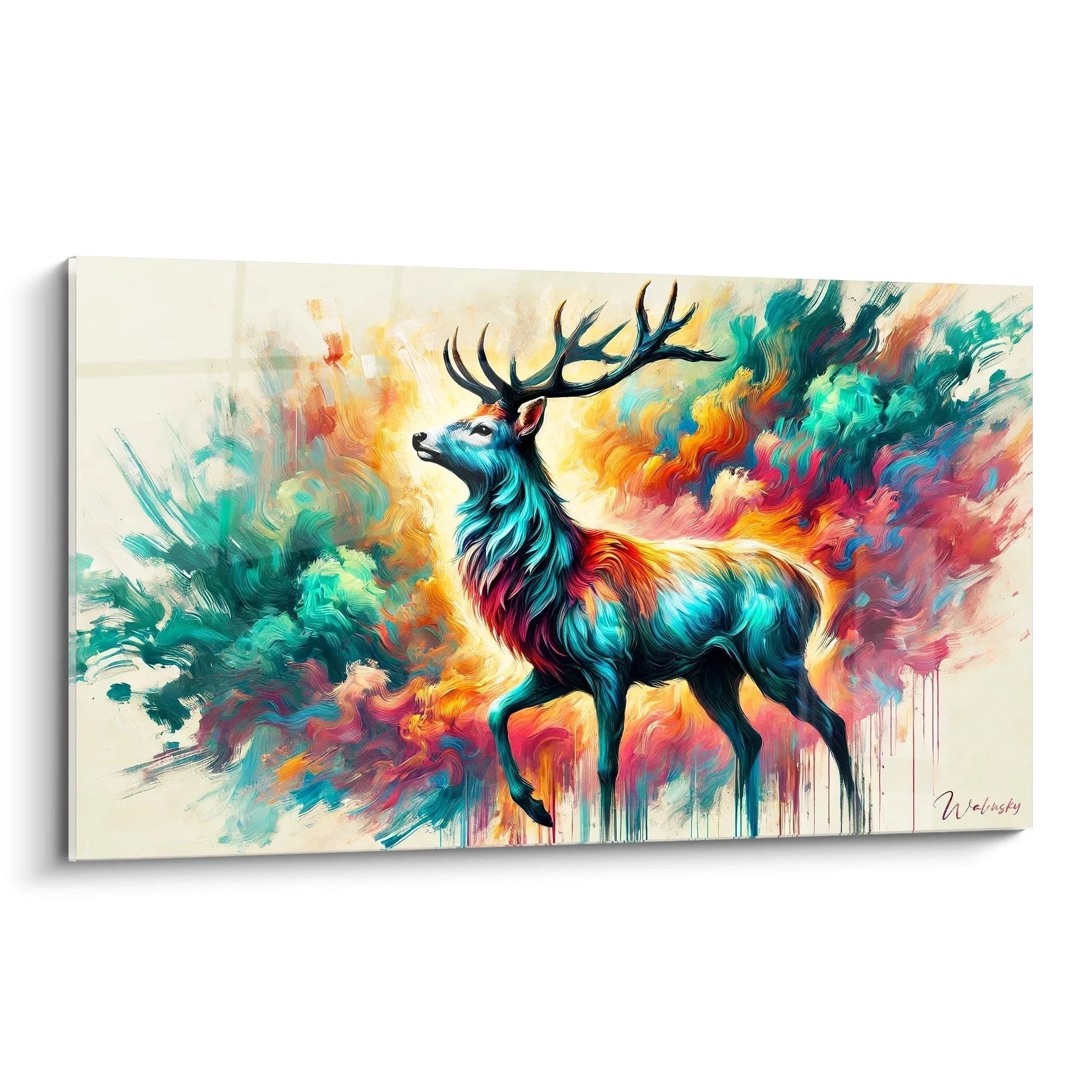 tableau cerf vu de biais avec des couleurs vives turquoise orange rouge carmin formes fluides et texture dynamique pour un effet vibrant et harmonieux

