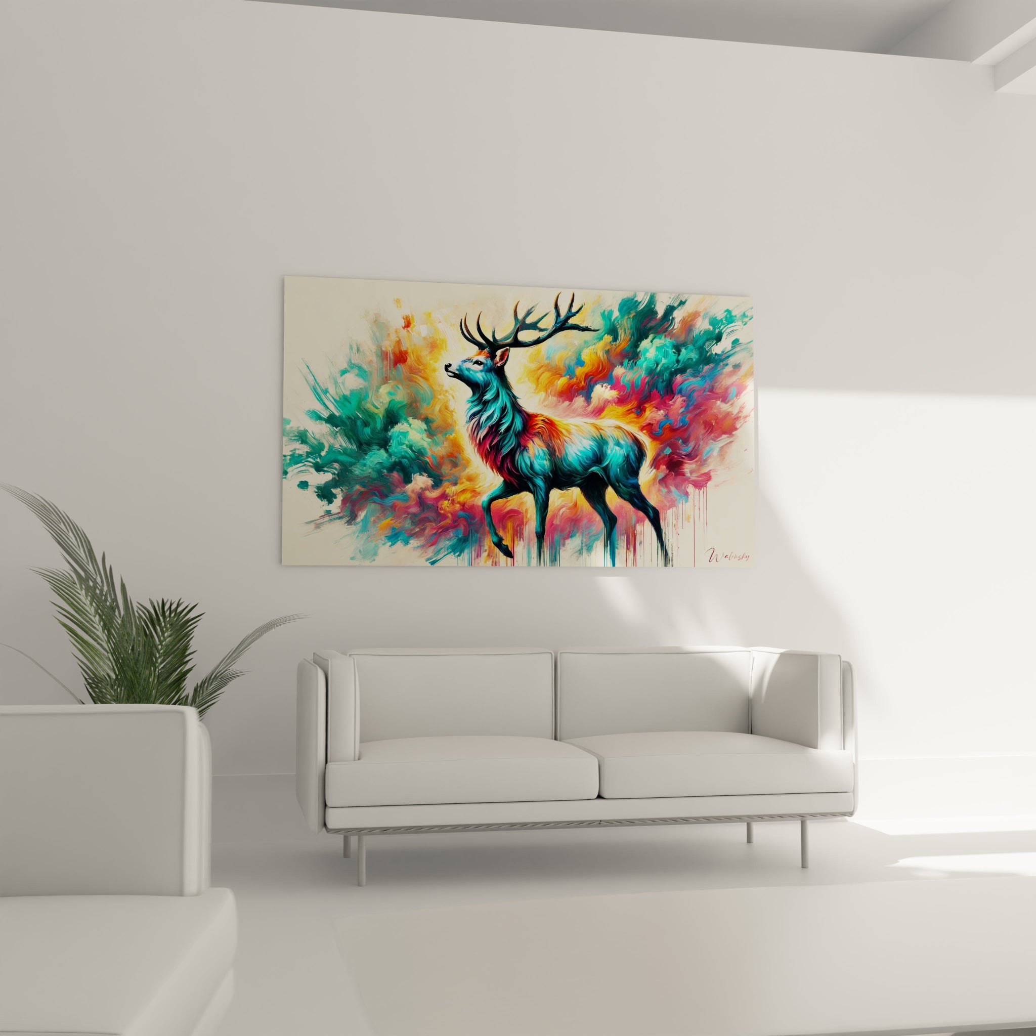 tableau cerf au-dessus d’un canapé dans un salon moderne touche artistique avec nuances turquoise rouge orange et textures expressives qui illuminent la pièce
