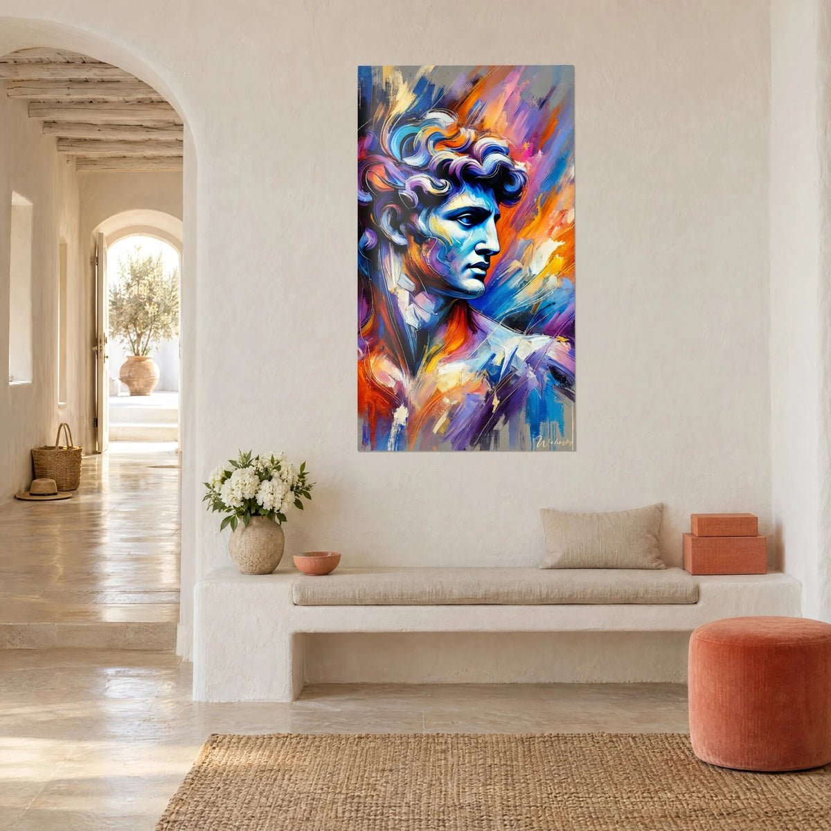 Wall art profile of a sculpted David with violet and indigo curls, saffron and pink brushstrokes, white wall of a Mediterranean house