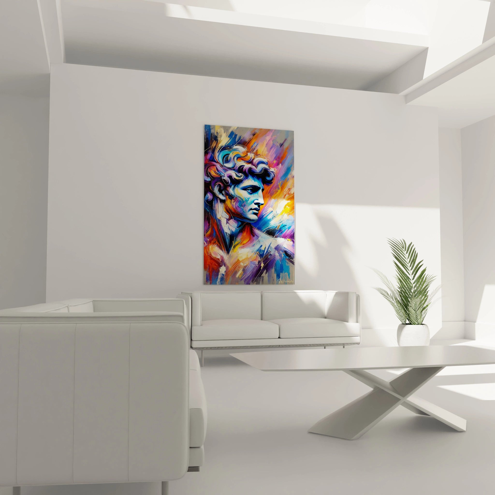 Un tableau fauvisme abstrait montrant un profil détaillé en bleu, entouré d’éclats d’orange et de violet, avec des traits superposés et des effets de relief.

